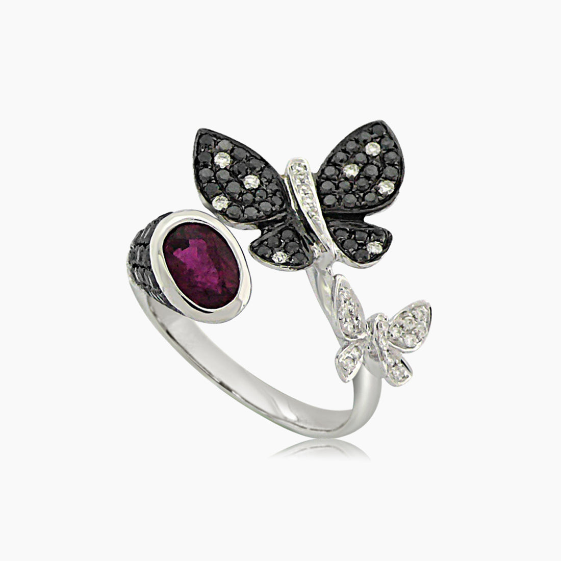 Pink Tourmaline & Black Diamonds Butterfly Sweet 18K White Gold Ring