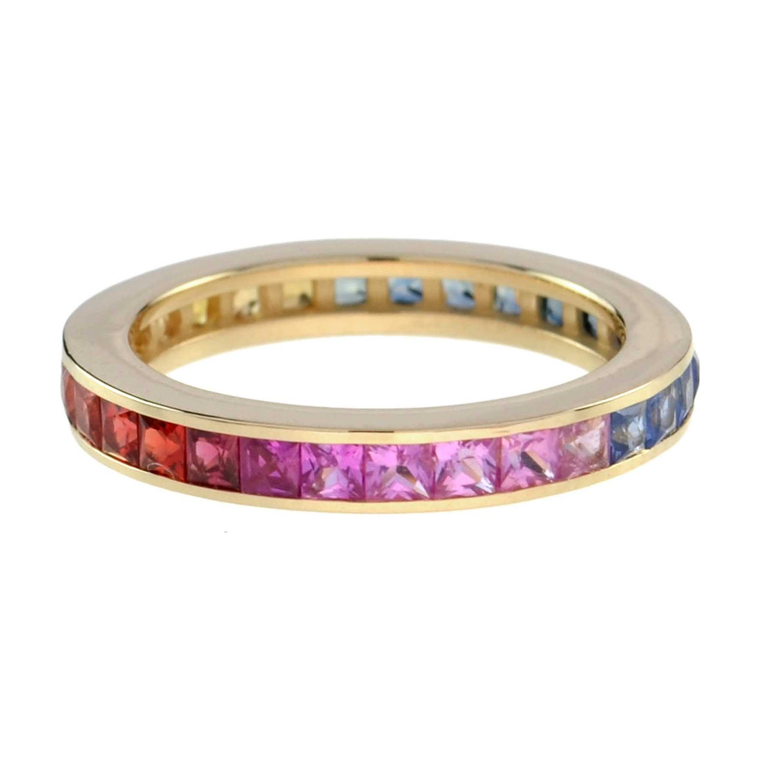 Square Princess Cut Channel Set Rainbow Sapphire Eternity Band Rose Gold Ring