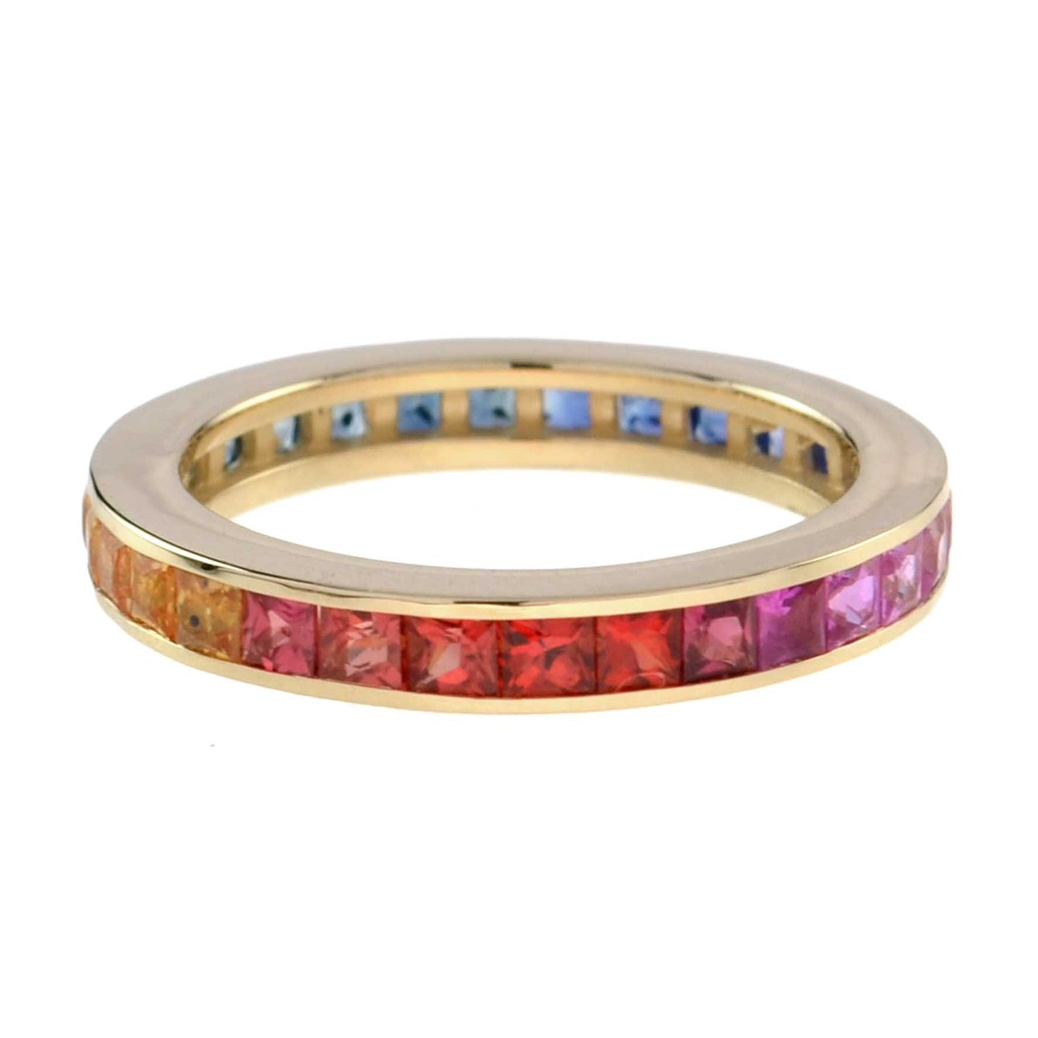 Square Princess Cut Channel Set Rainbow Sapphire Eternity Band Rose Gold Ring