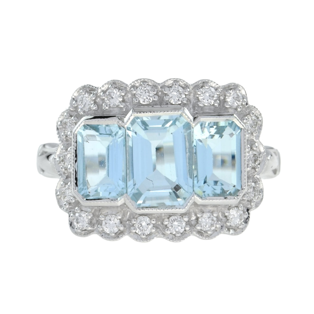 Three Stone Octagon Shape Emerald Cut Blue Aquamarine Diamond Platinum Halo Ring