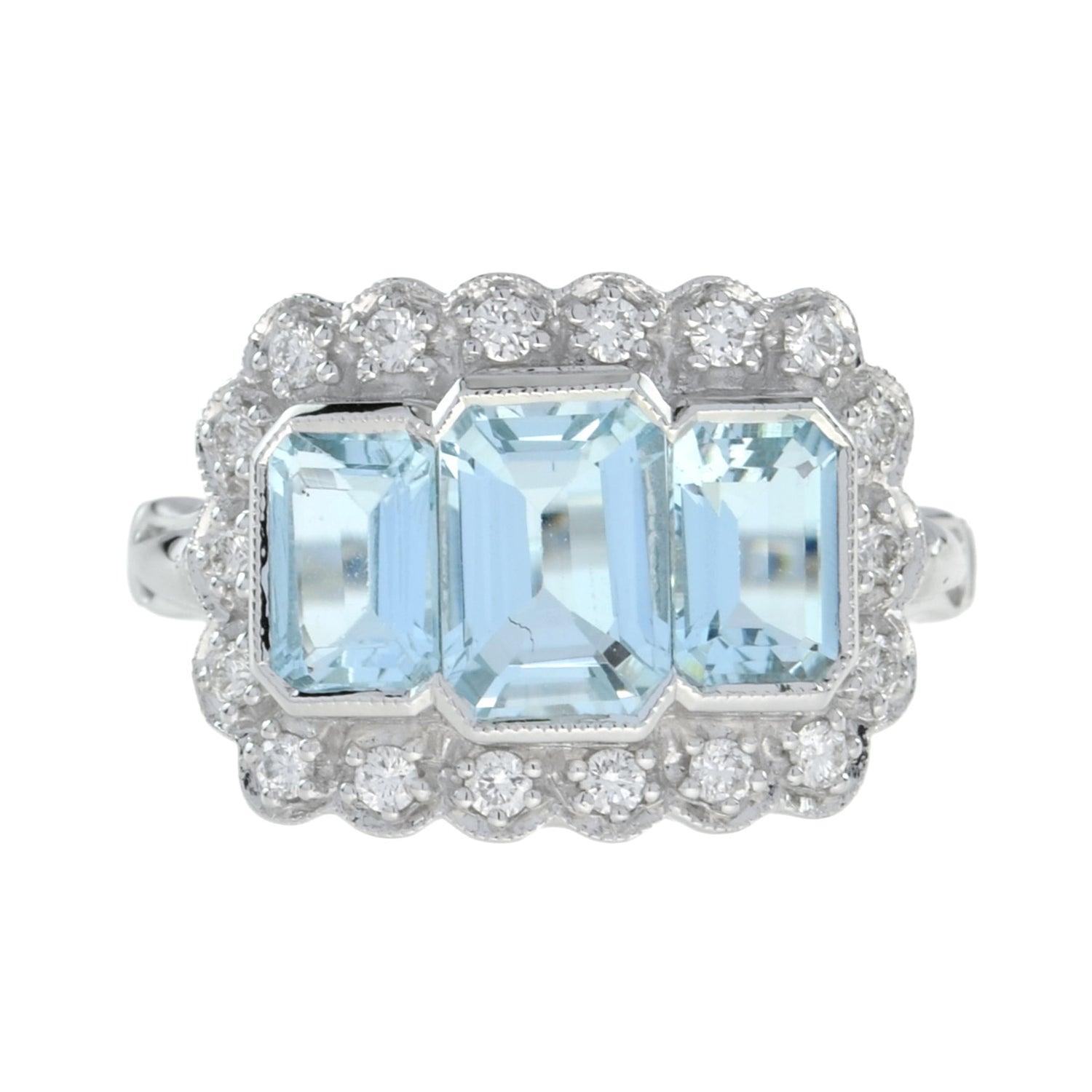 Three Stone Octagon Shape Emerald Cut Blue Aquamarine Diamond Platinum Halo Ring