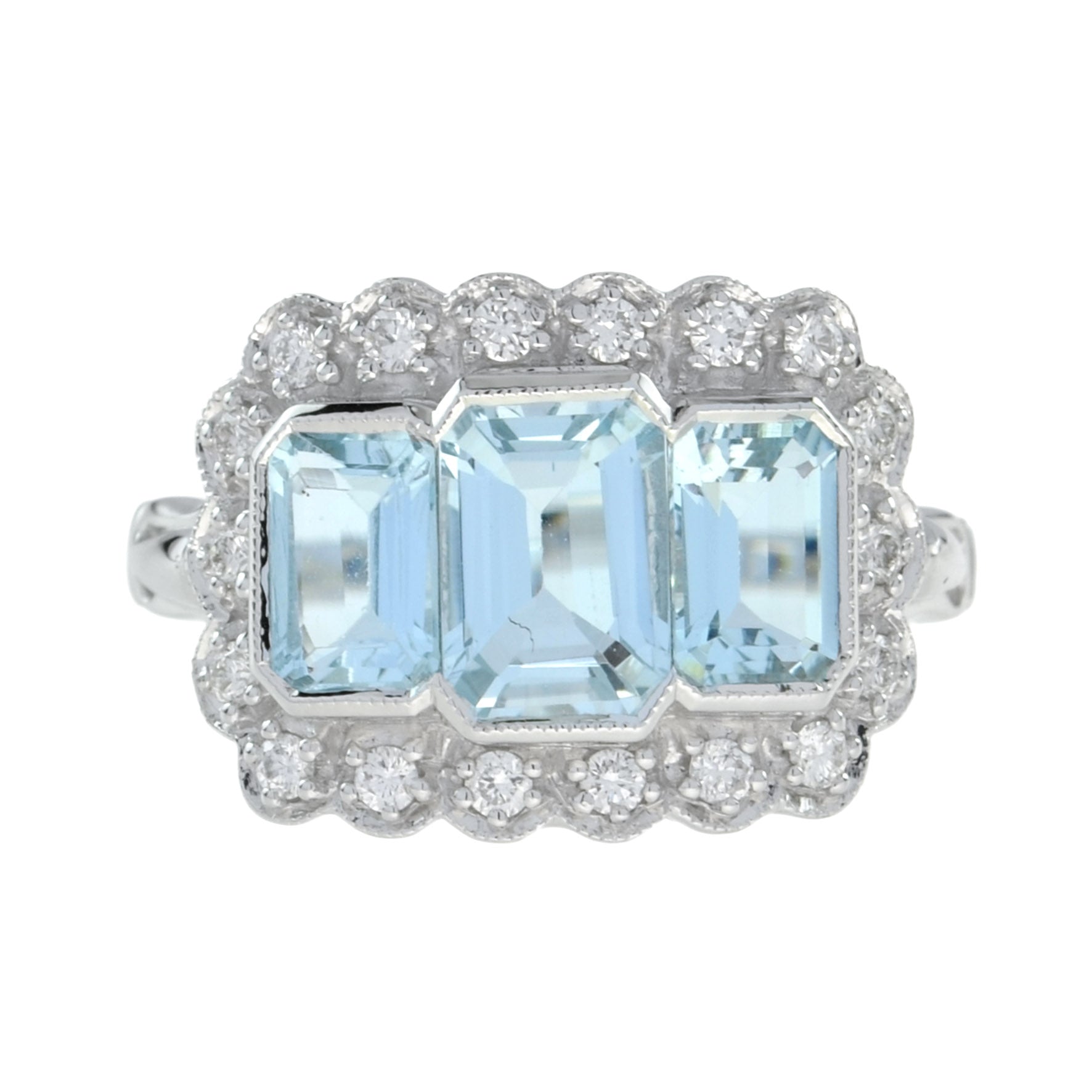 Three Stone Octagon Shape Emerald Cut Blue Aquamarine Diamond Platinum Halo Ring