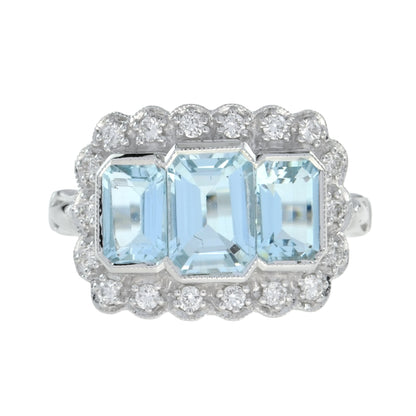 Three Stone Octagon Shape Emerald Cut Blue Aquamarine Diamond Platinum Halo Ring