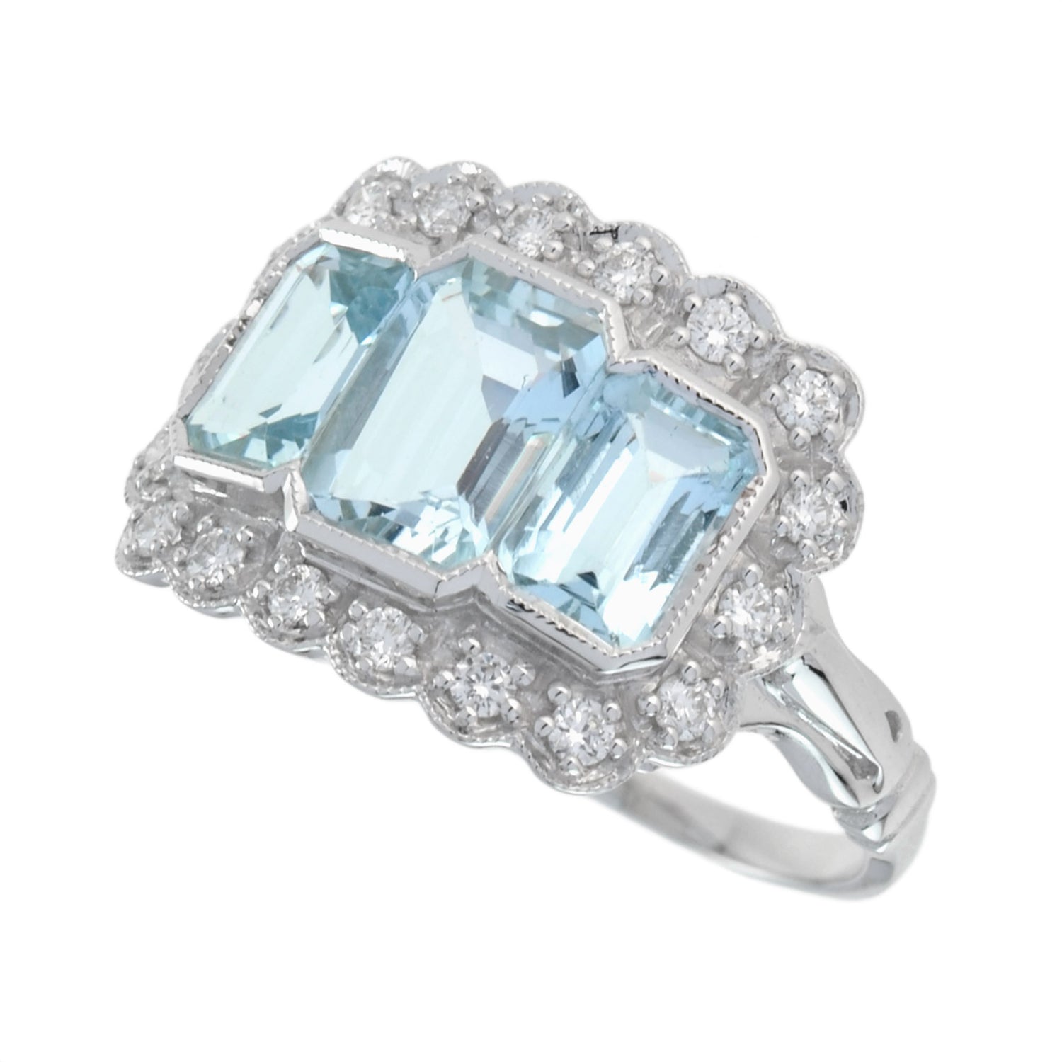 Three Stone Octagon Shape Emerald Cut Blue Aquamarine Diamond Platinum Halo Ring