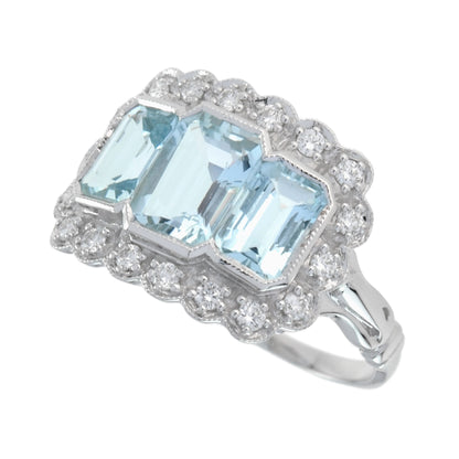 Three Stone Octagon Shape Emerald Cut Blue Aquamarine Diamond Platinum Halo Ring