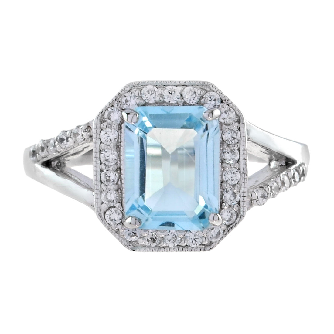 Split Shank Rectangle Emerald Cut Blue Aquamarine 14K White Gold Diamond Ring