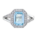 Split Shank Rectangle Emerald Cut Blue Aquamarine 14K White Gold Diamond Ring