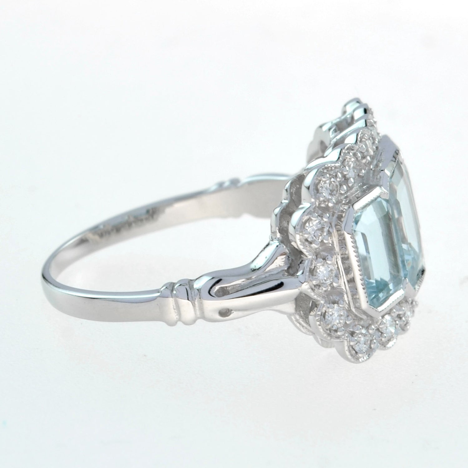 Three Stone Octagon Shape Emerald Cut Blue Aquamarine Diamond Platinum Halo Ring