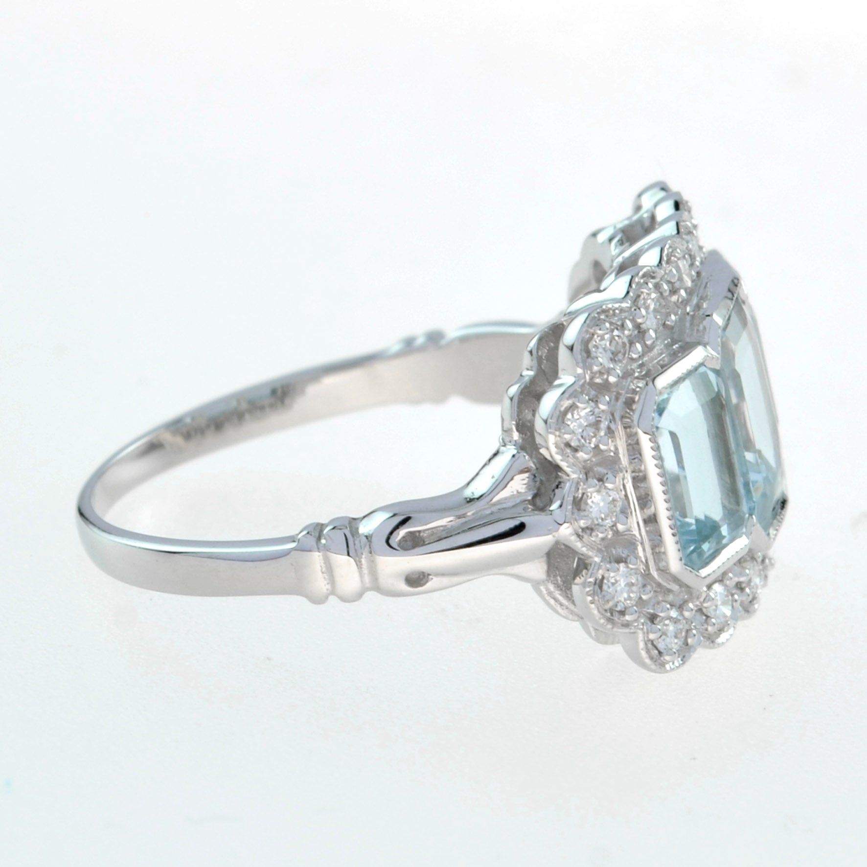 Three Stone Octagon Shape Emerald Cut Blue Aquamarine Diamond Platinum Halo Ring