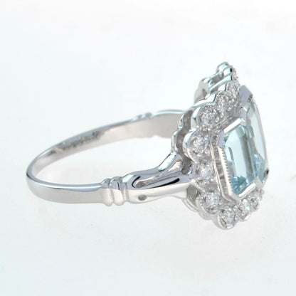 Three Stone Octagon Shape Emerald Cut Blue Aquamarine Diamond Platinum Halo Ring