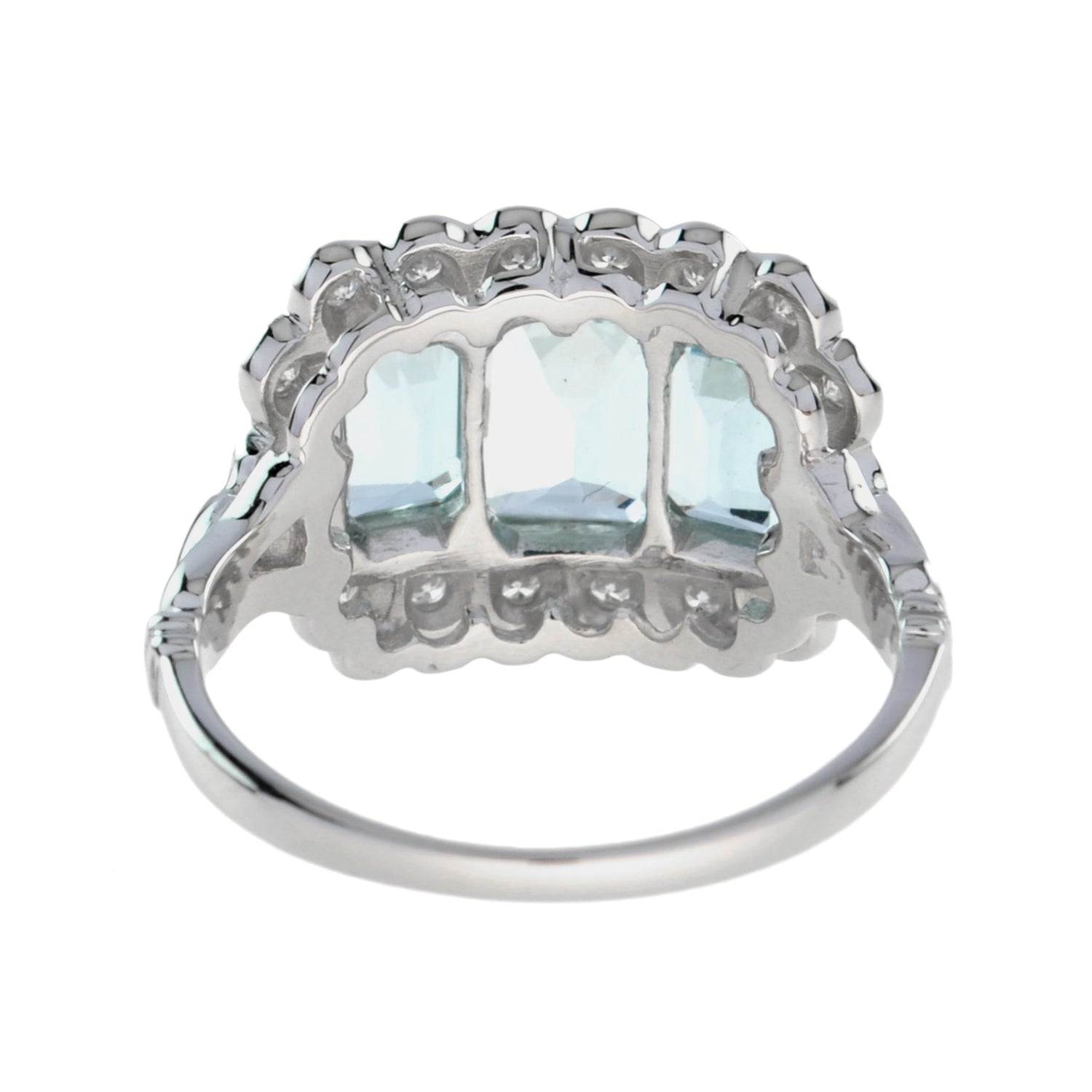 Three Stone Octagon Shape Emerald Cut Blue Aquamarine Diamond Platinum Halo Ring
