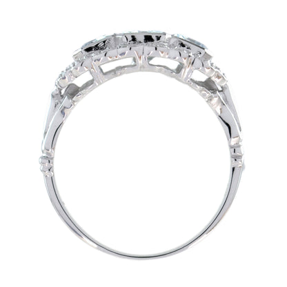 Three Stone Octagon Shape Emerald Cut Blue Aquamarine Diamond Platinum Halo Ring