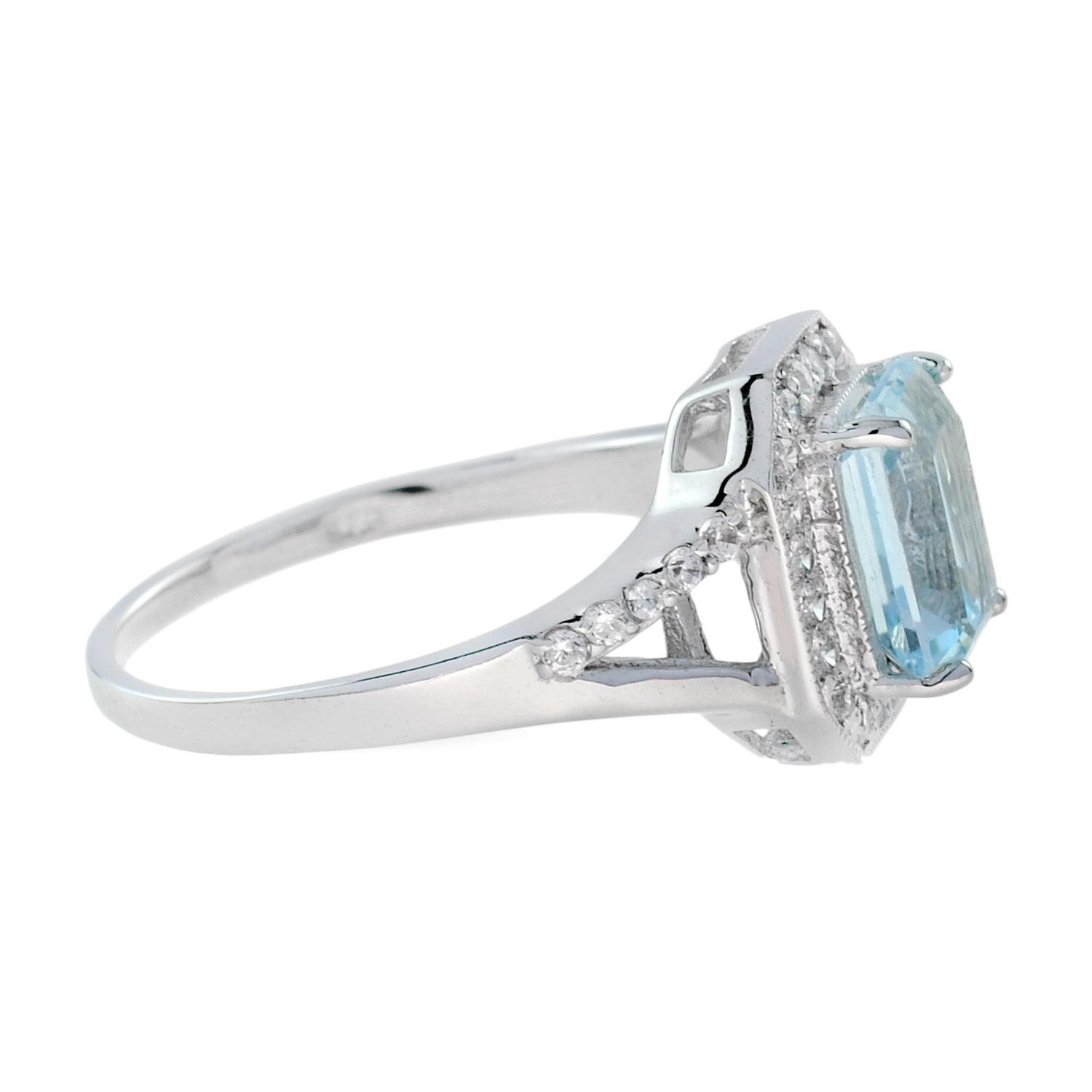 Split Shank Rectangle Emerald Cut Blue Aquamarine 14K White Gold Diamond Ring