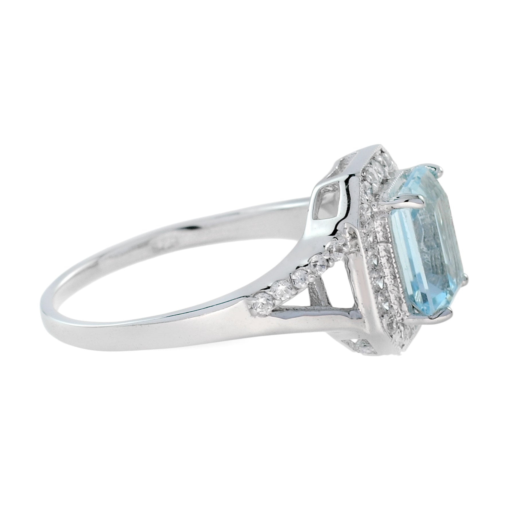 Split Shank Rectangle Emerald Cut Blue Aquamarine 14K White Gold Diamond Ring
