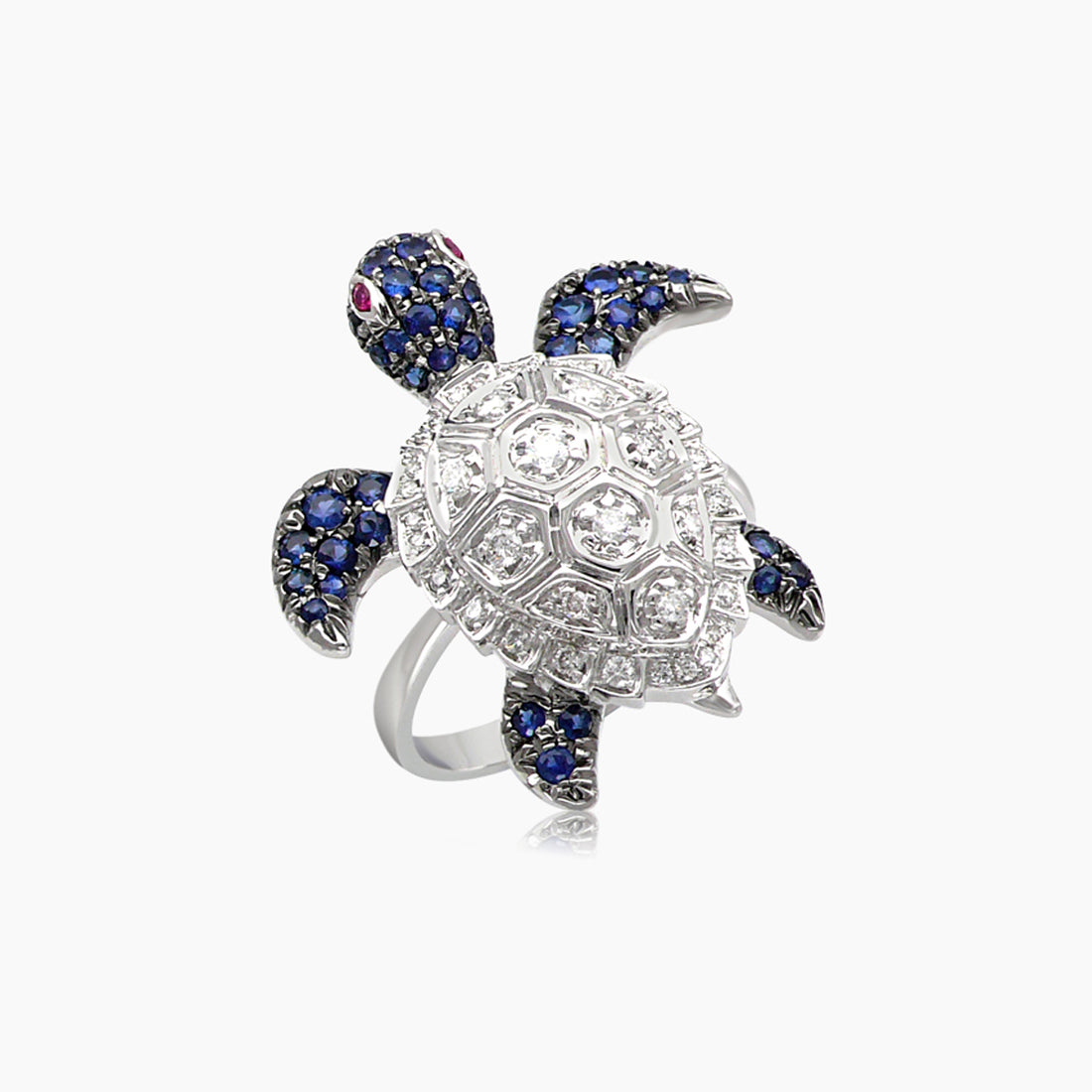 Turtle Blue Sapphire White Diamond & Ruby 18K White Gold Animal Ring