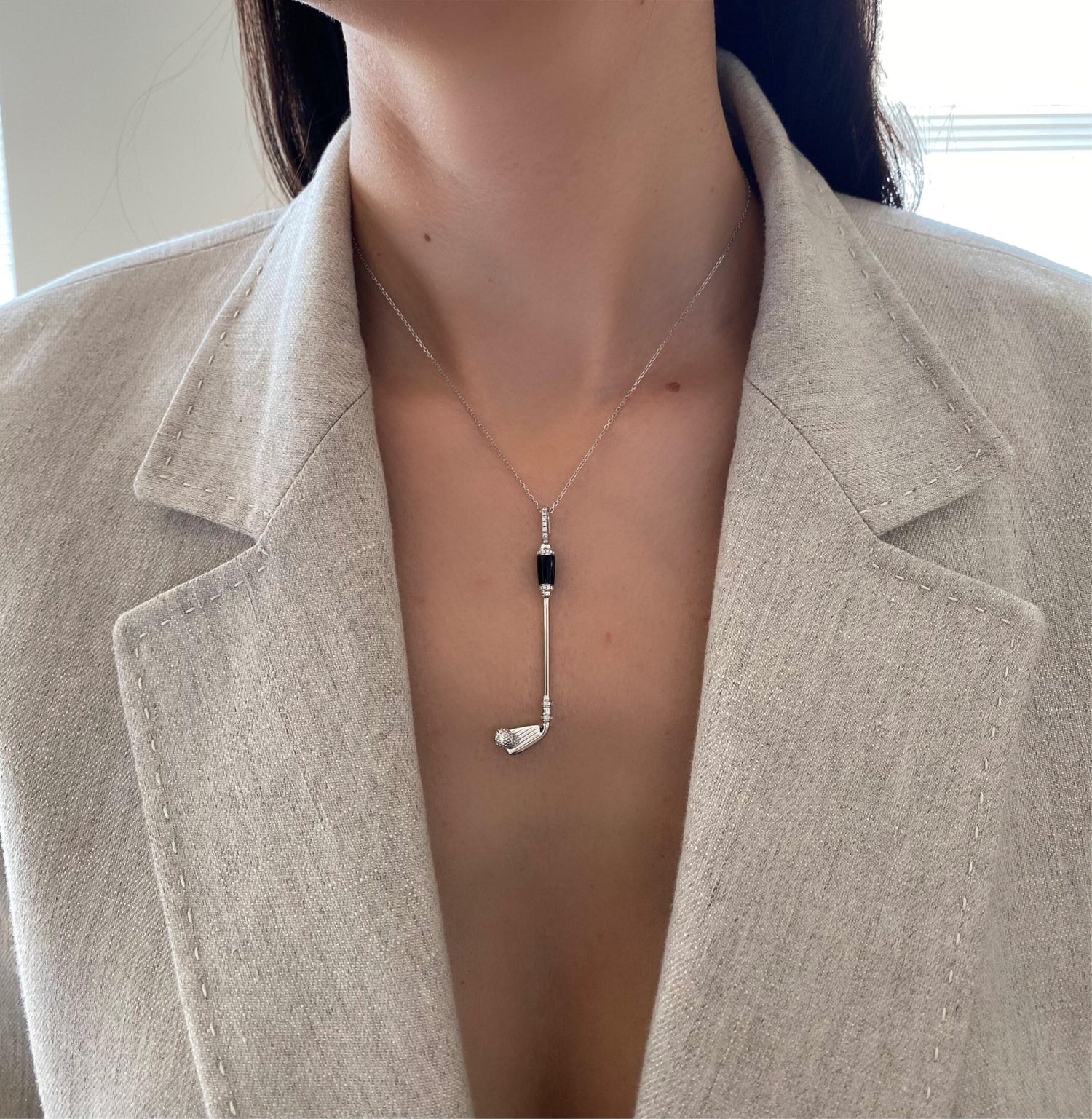 Diamond Black Onyx Golf Club Birdie Jewelry 18 Karat White Gold Charm Pendant Ne