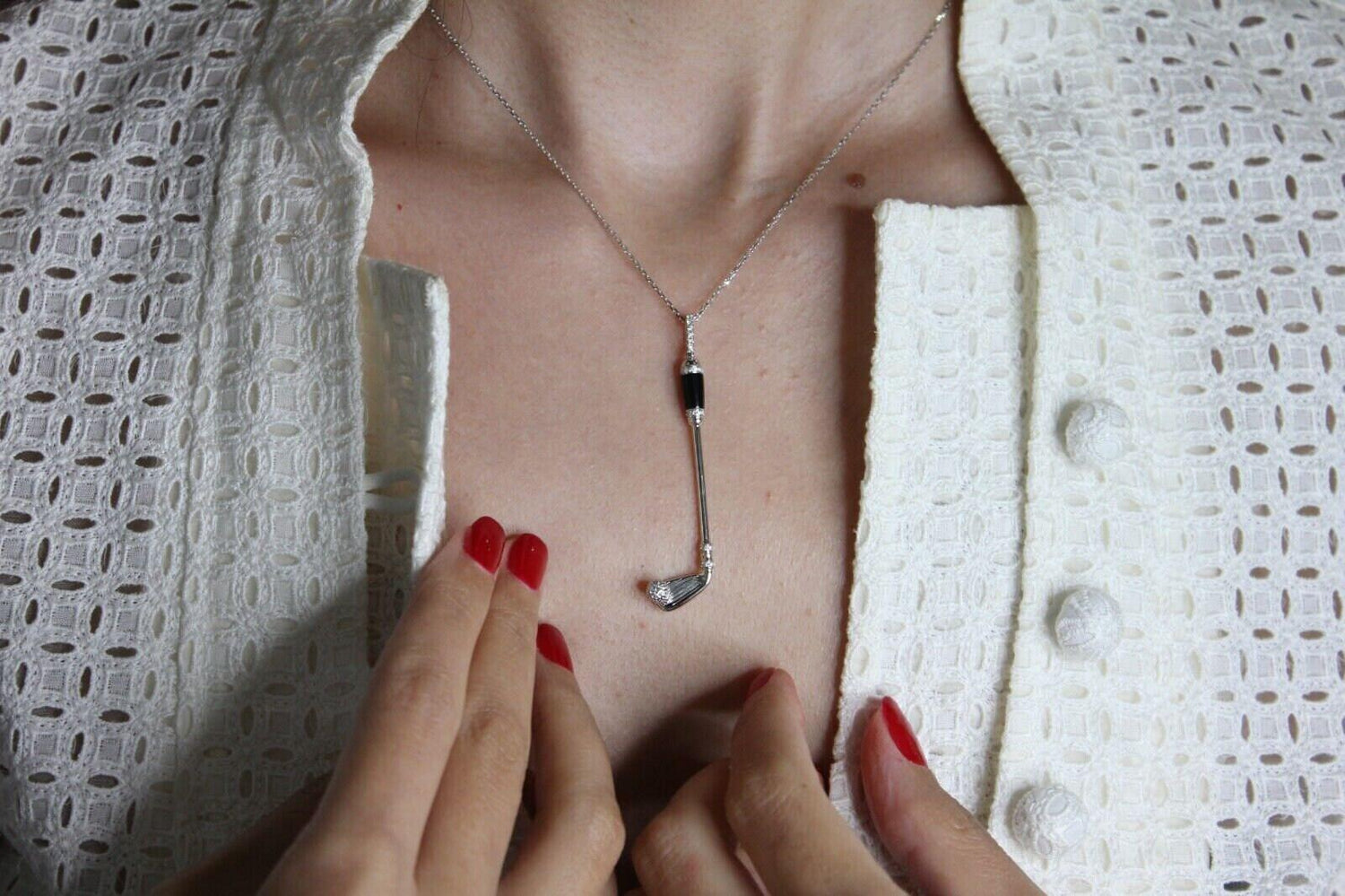 Diamond Black Onyx Golf Club Birdie Jewelry 18 Karat White Gold Charm Pendant Ne