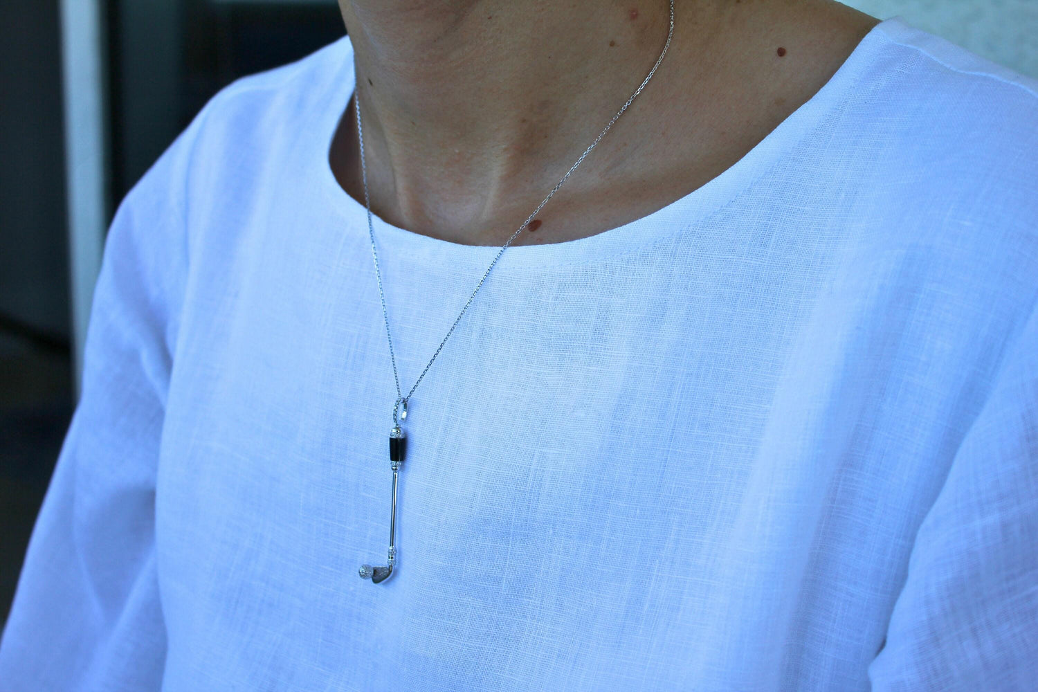 Diamond Black Onyx Golf Club Birdie Jewelry 18 Karat White Gold Charm Pendant Ne