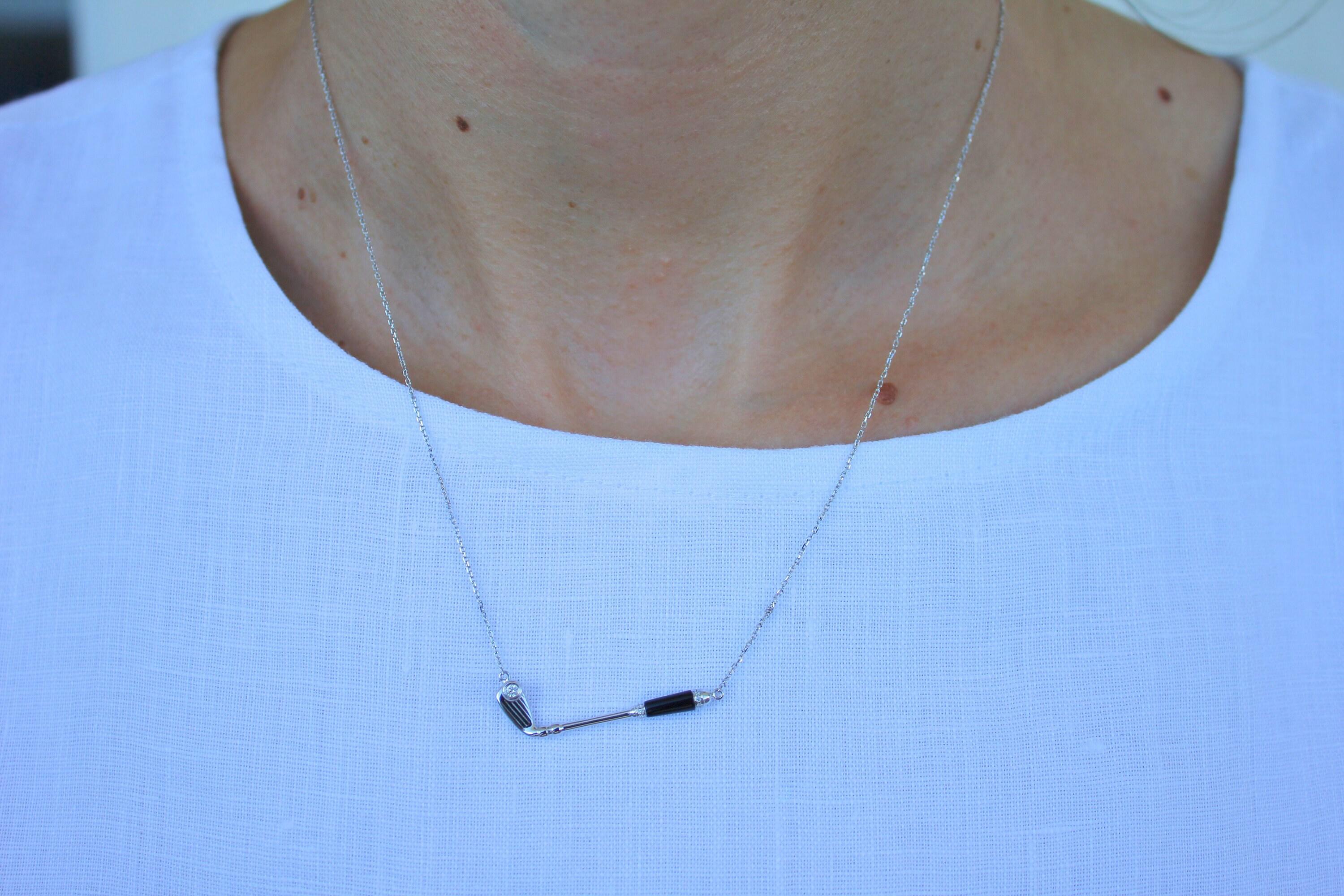 Diamond Black Onyx Golf Club Birdie Jewelry 18 Karat White Gold Charm Pendant Ne