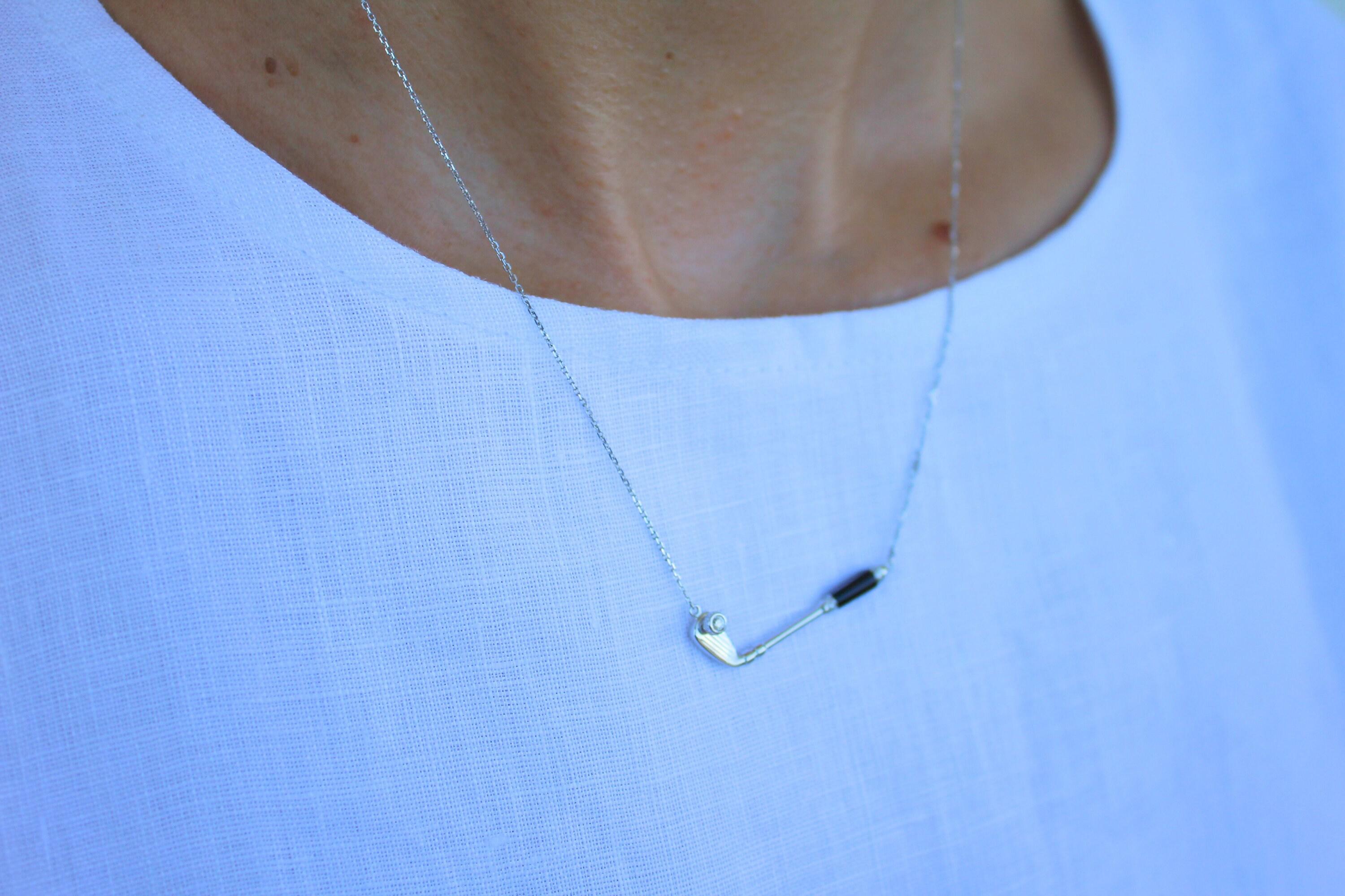 Diamond Black Onyx Golf Club Birdie Jewelry 18 Karat White Gold Charm Pendant Ne