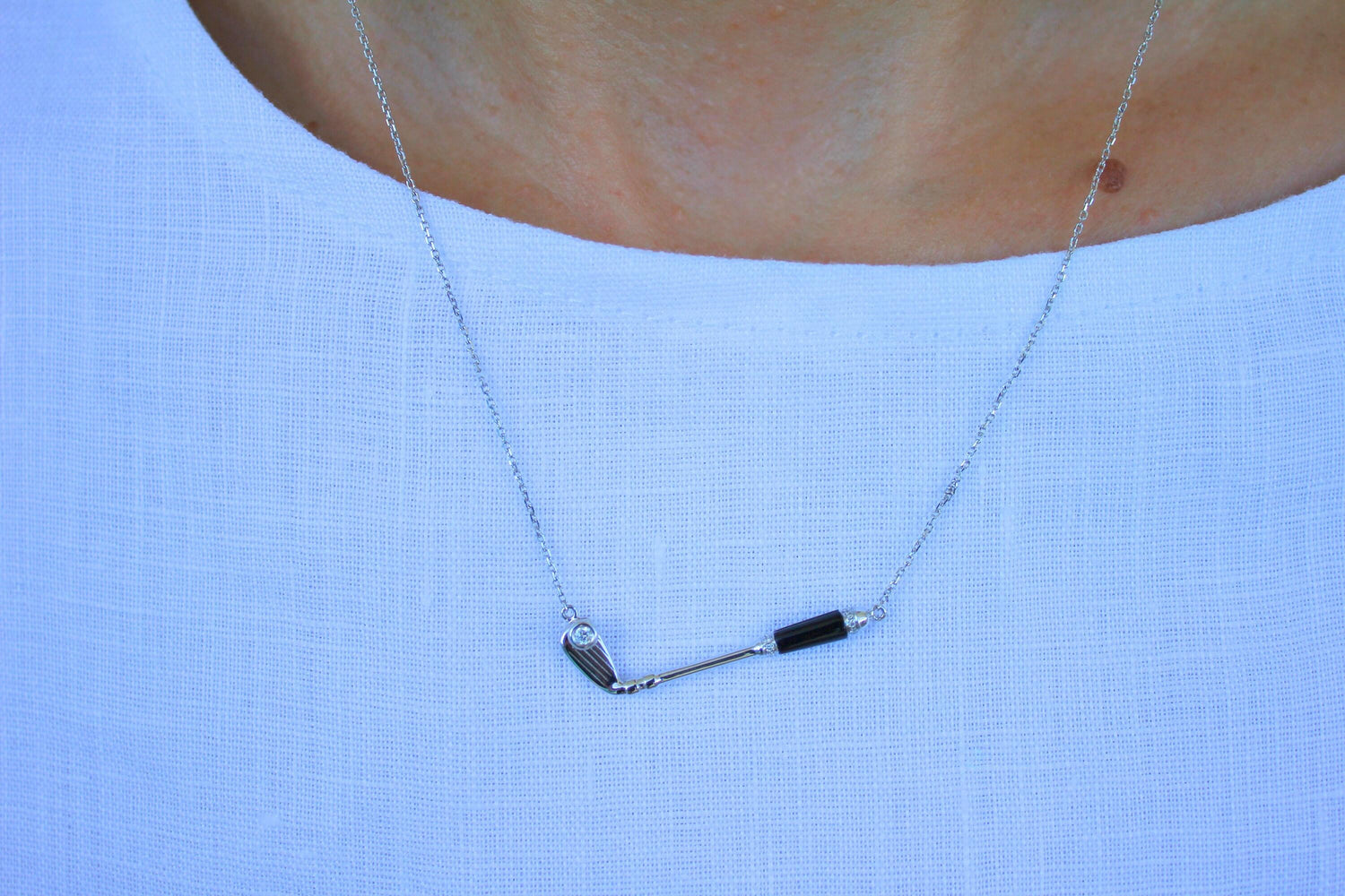 Diamond Black Onyx Golf Club Birdie Jewelry 18 Karat White Gold Charm Pendant Ne