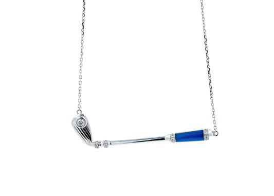 Diamond Blue Agate Golf Club Birdie Jewelry 18 Karat White Gold Charm Pendant Ne