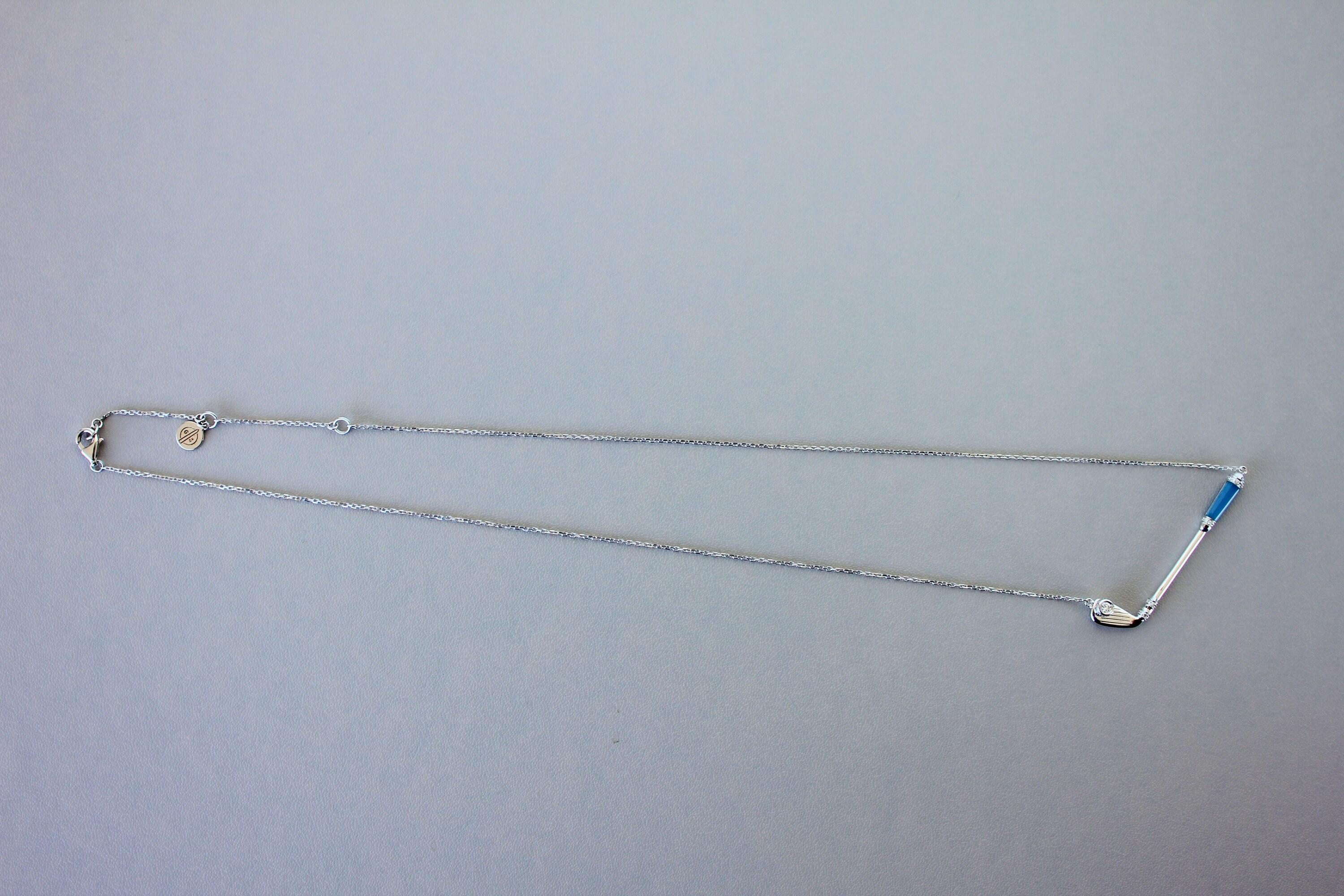 Diamond Blue Agate Golf Club Birdie Jewelry 18 Karat White Gold Charm Pendant Ne