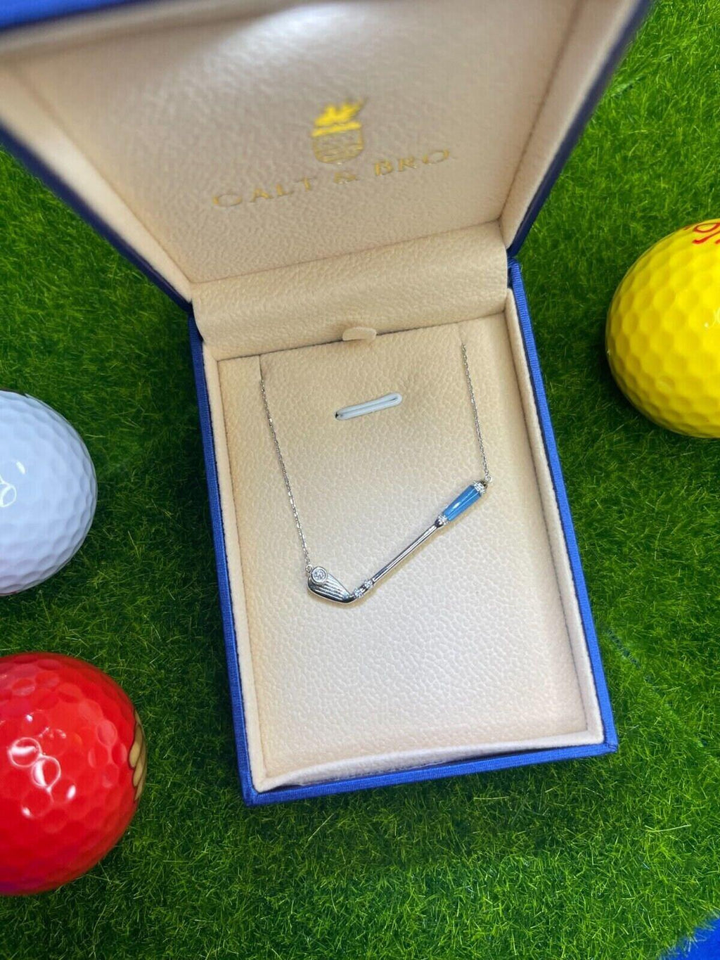 Diamond Blue Agate Golf Club Birdie Jewelry 18 Karat White Gold Charm Pendant Ne
