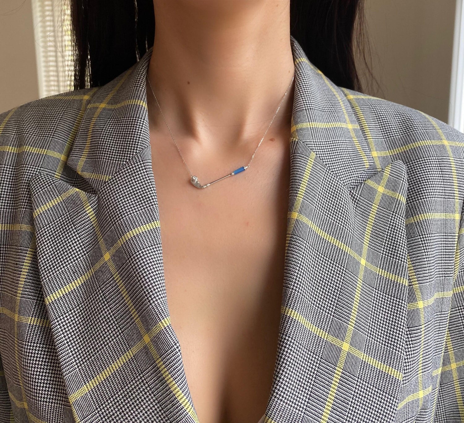 Diamond Blue Agate Golf Club Birdie Jewelry 18 Karat White Gold Charm Pendant Ne