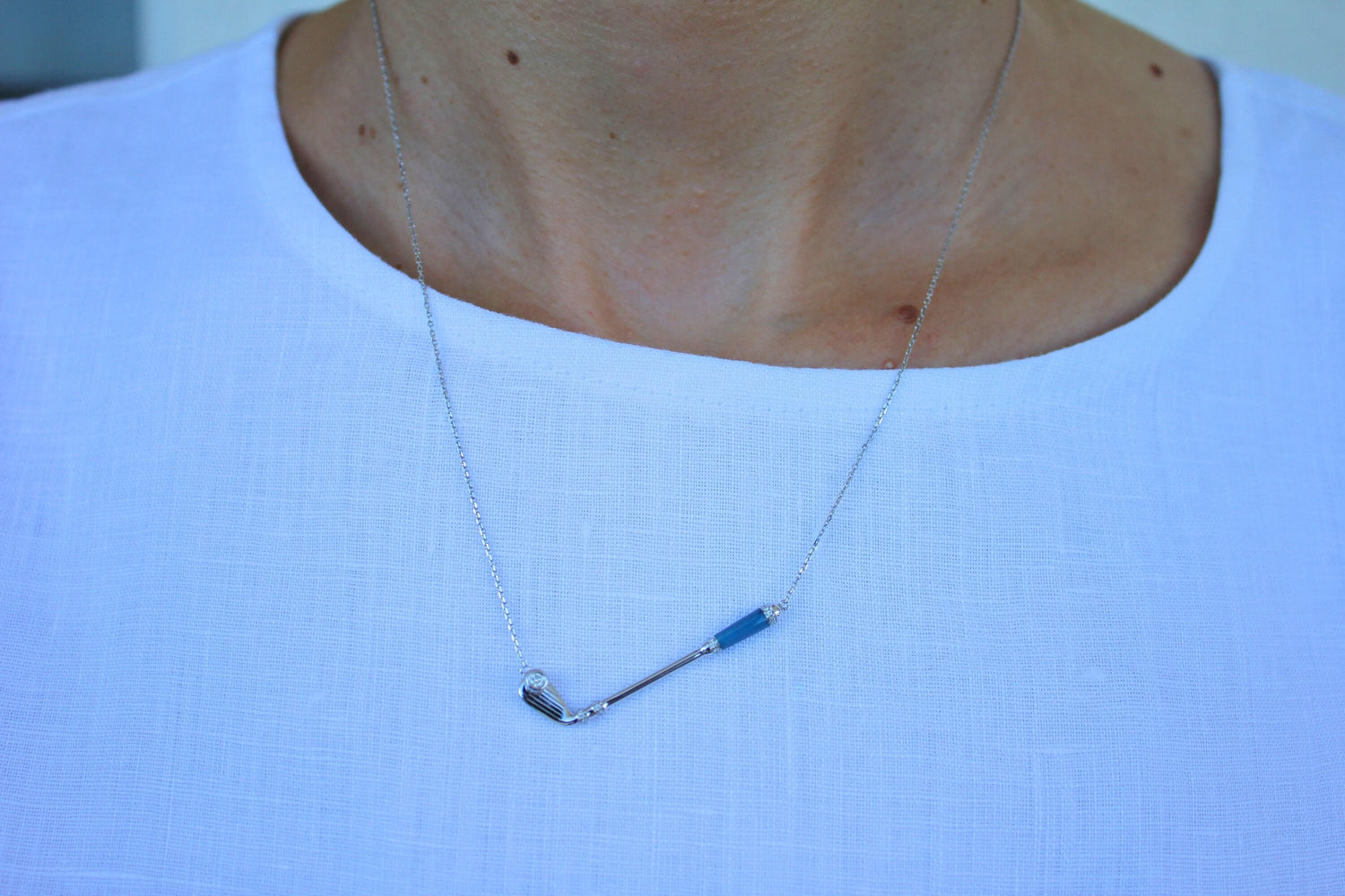 Diamond Blue Agate Golf Club Birdie Jewelry 18 Karat White Gold Charm Pendant Ne