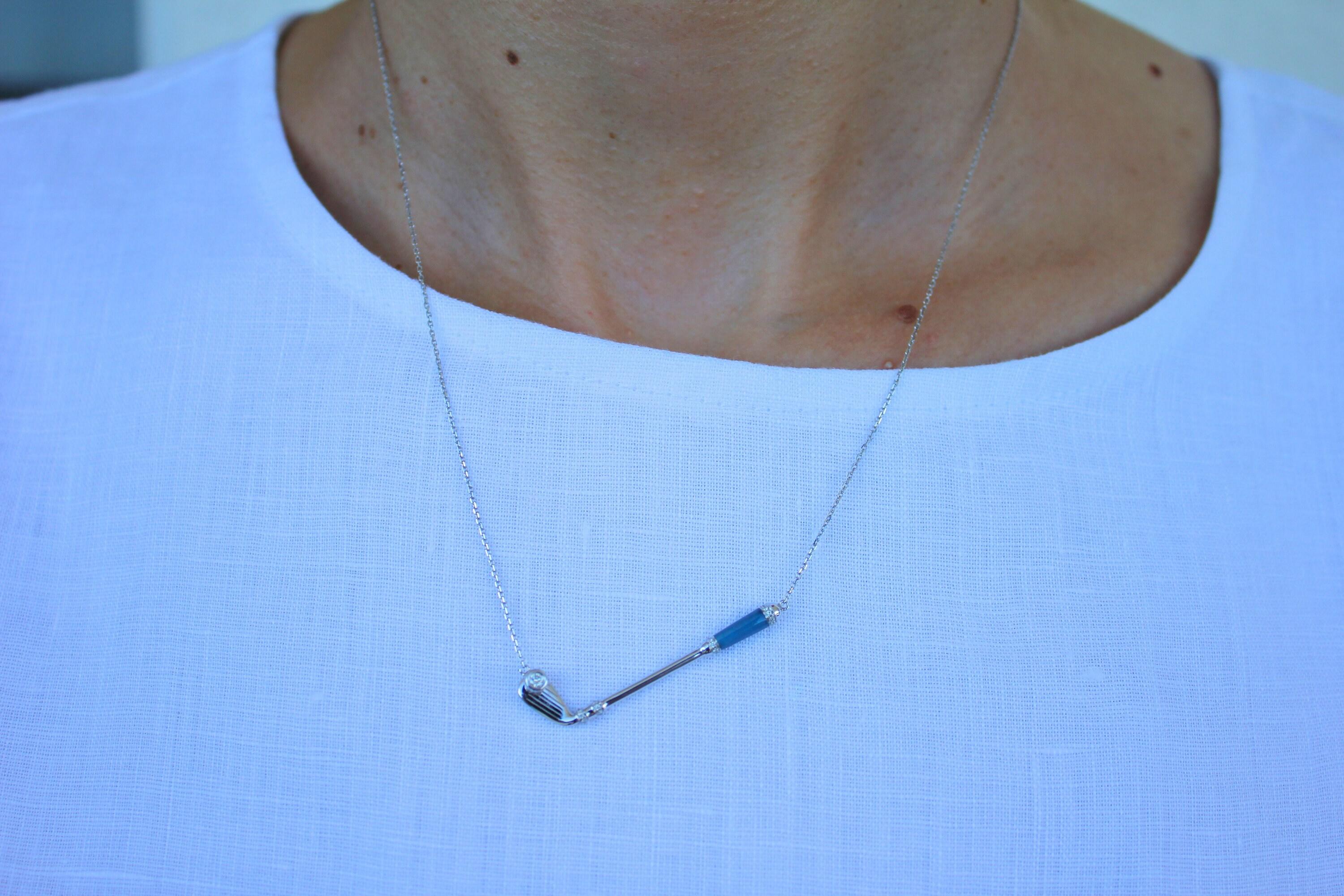 Diamond Blue Agate Golf Club Birdie Jewelry 18 Karat White Gold Charm Pendant Ne