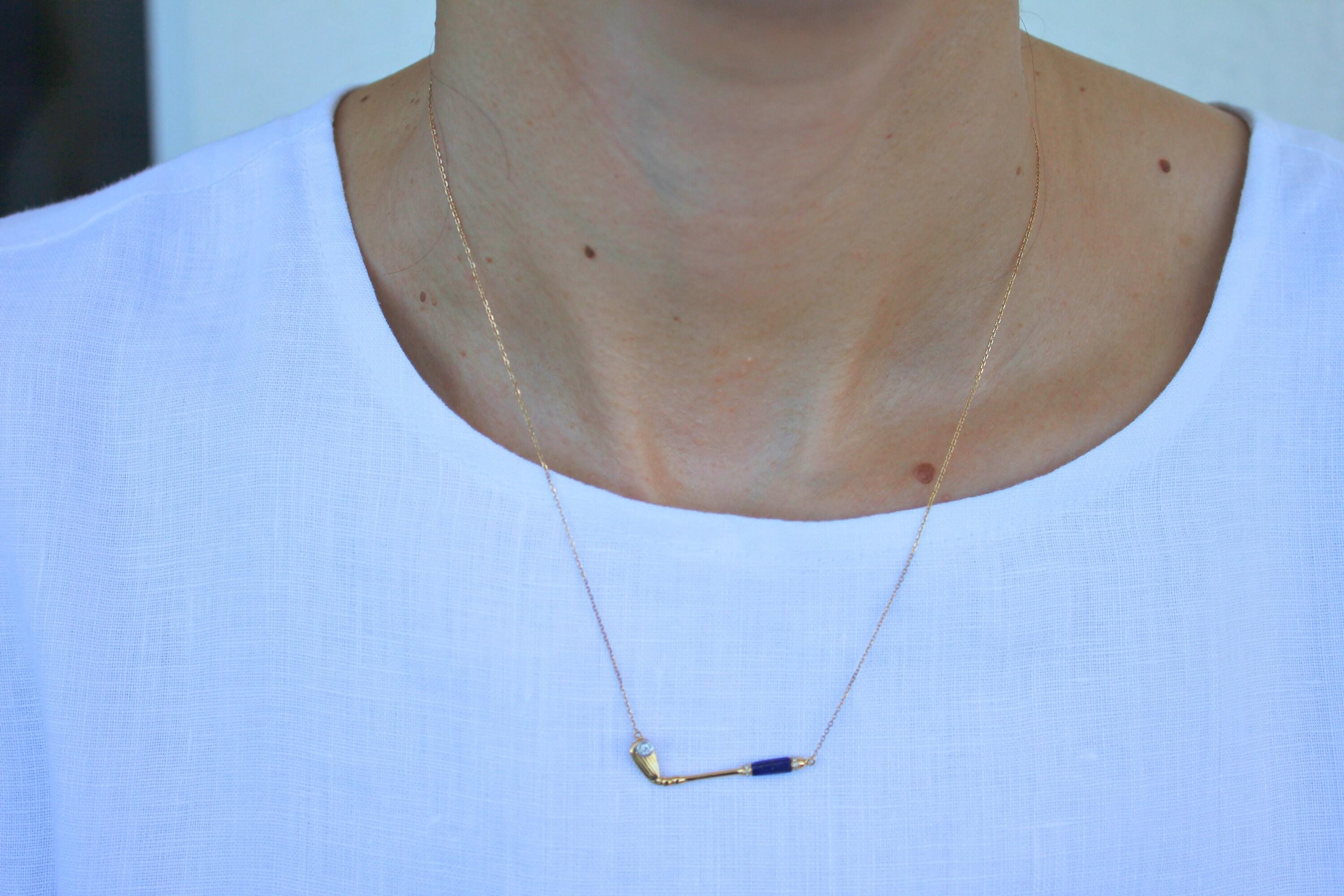 Diamond Blue Lapis Lazuli Golf Club Birdie Jewelry 18 Karat Yellow Gold Charm Pe