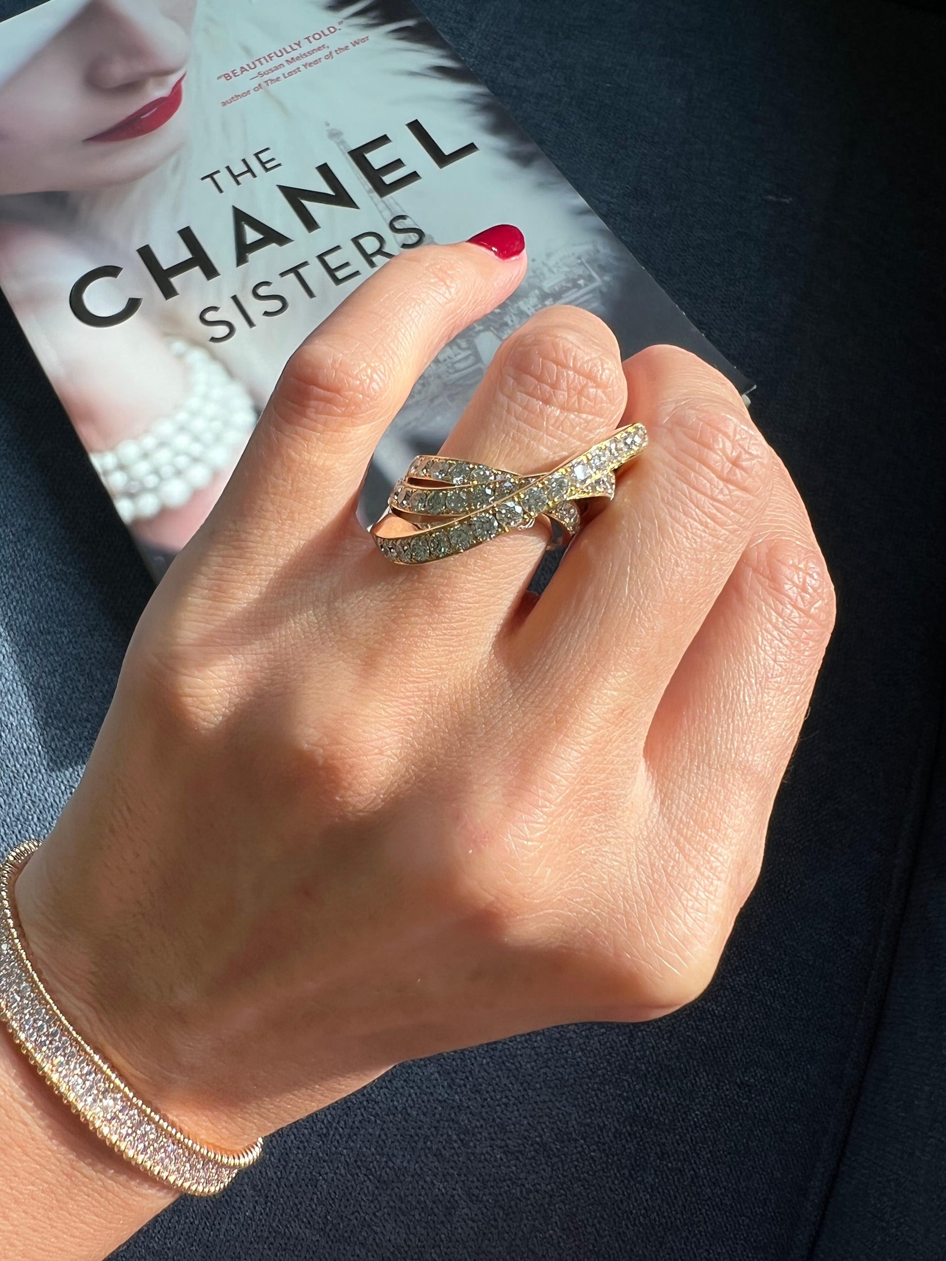 Diamond Channel Geometric Wave Curve Statement Unique 18 Karat Yellow Gold Ring