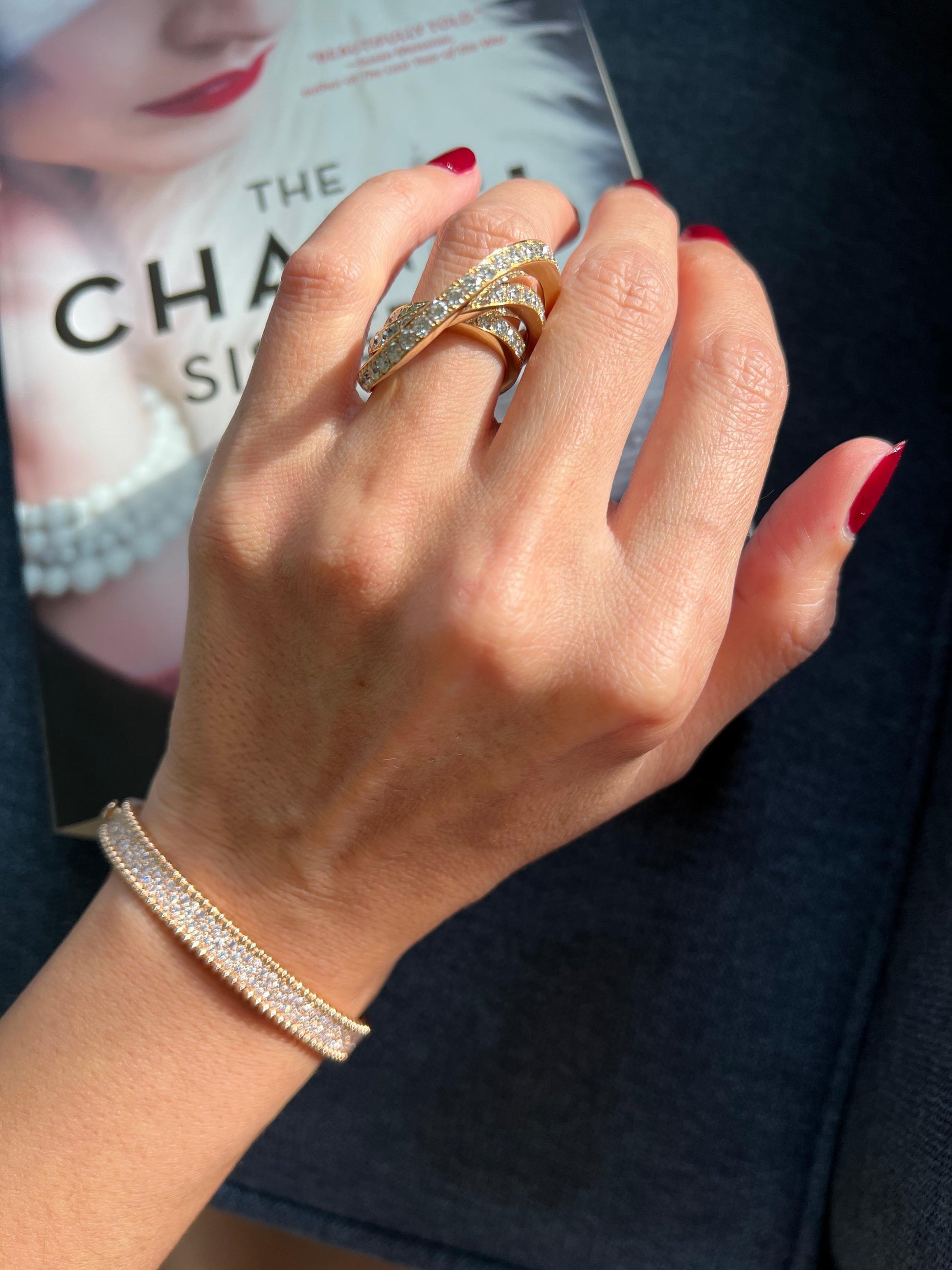Diamond Channel Geometric Wave Curve Statement Unique 18 Karat Yellow Gold Ring