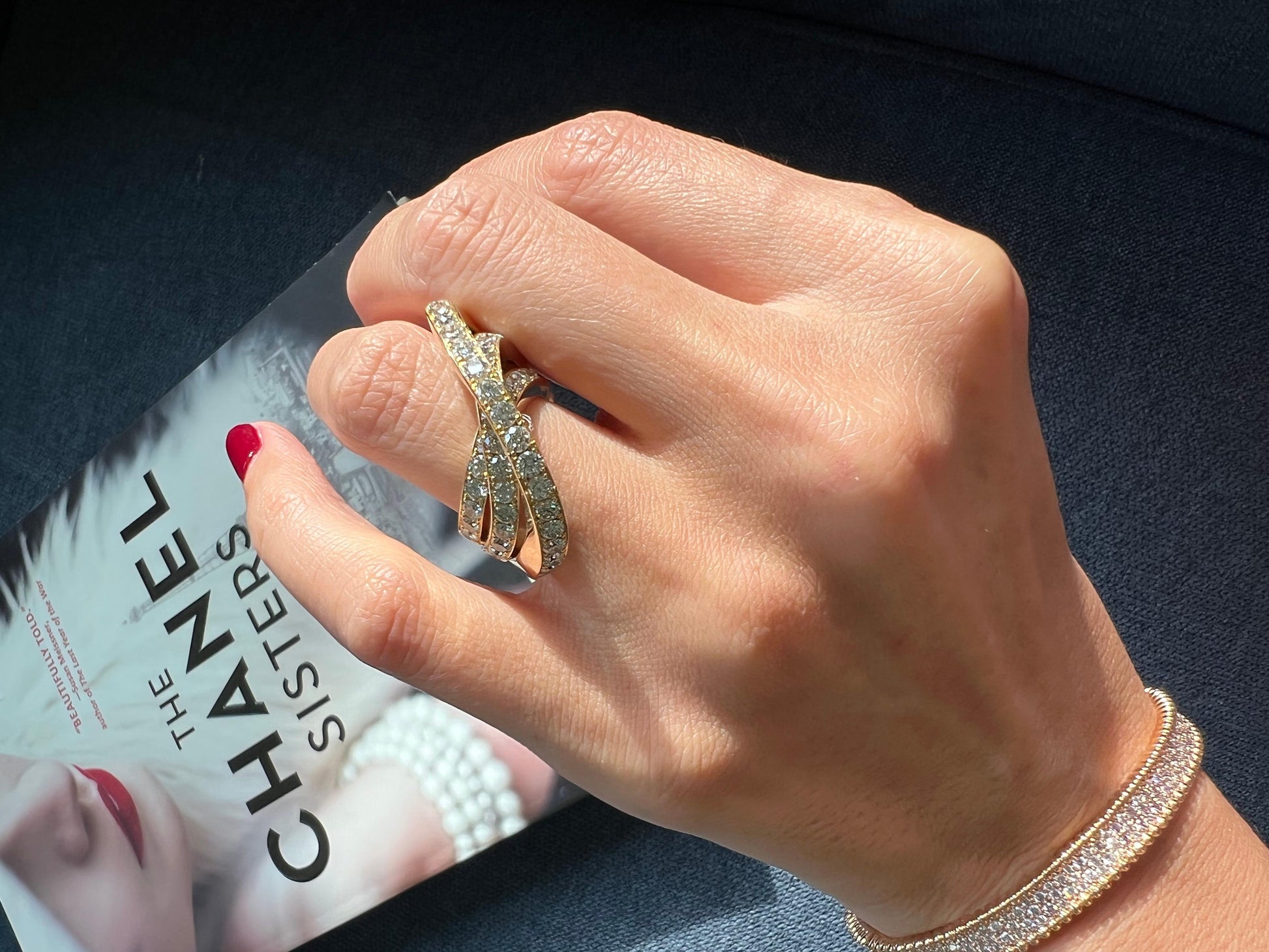 Diamond Channel Geometric Wave Curve Statement Unique 18 Karat Yellow Gold Ring