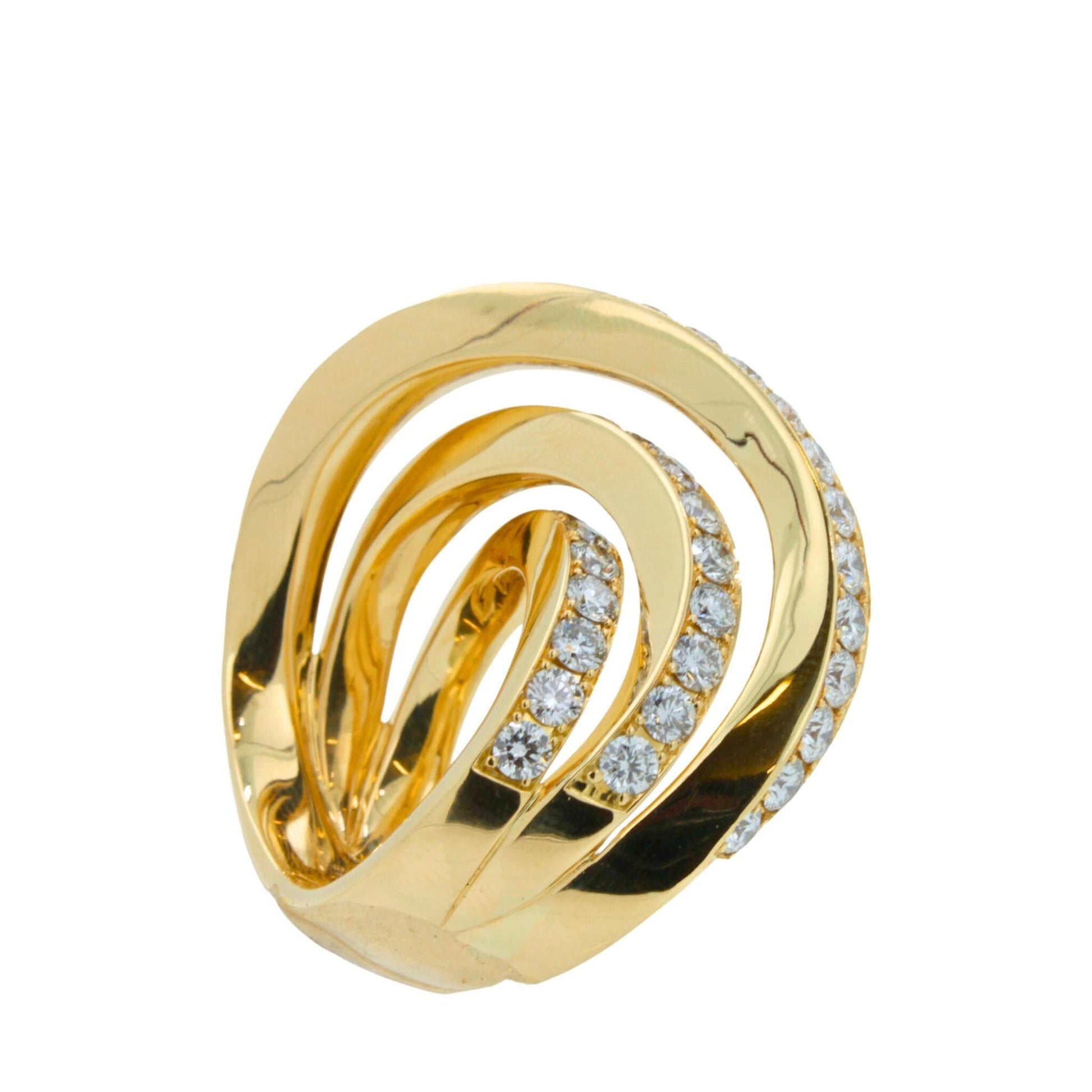 Diamond Channel Geometric Wave Curve Statement Unique 18 Karat Yellow Gold Ring