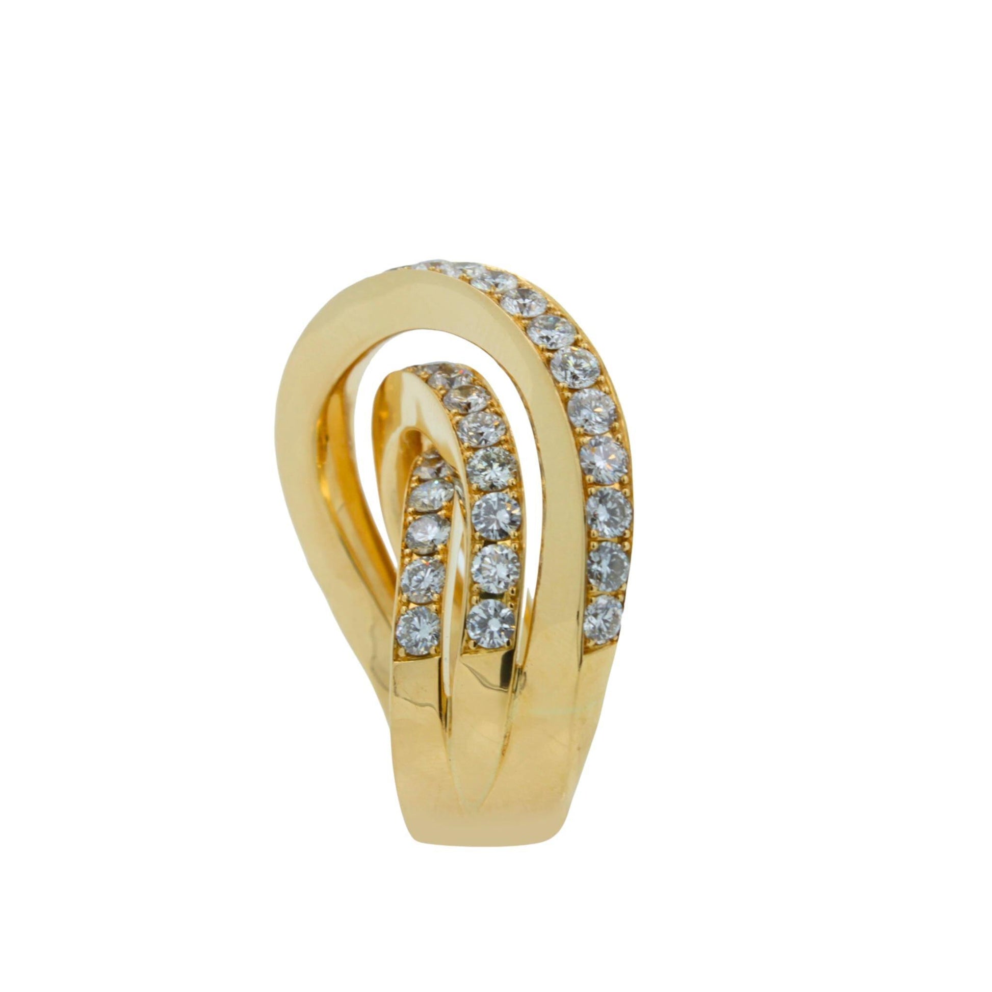 Diamond Channel Geometric Wave Curve Statement Unique 18 Karat Yellow Gold Ring