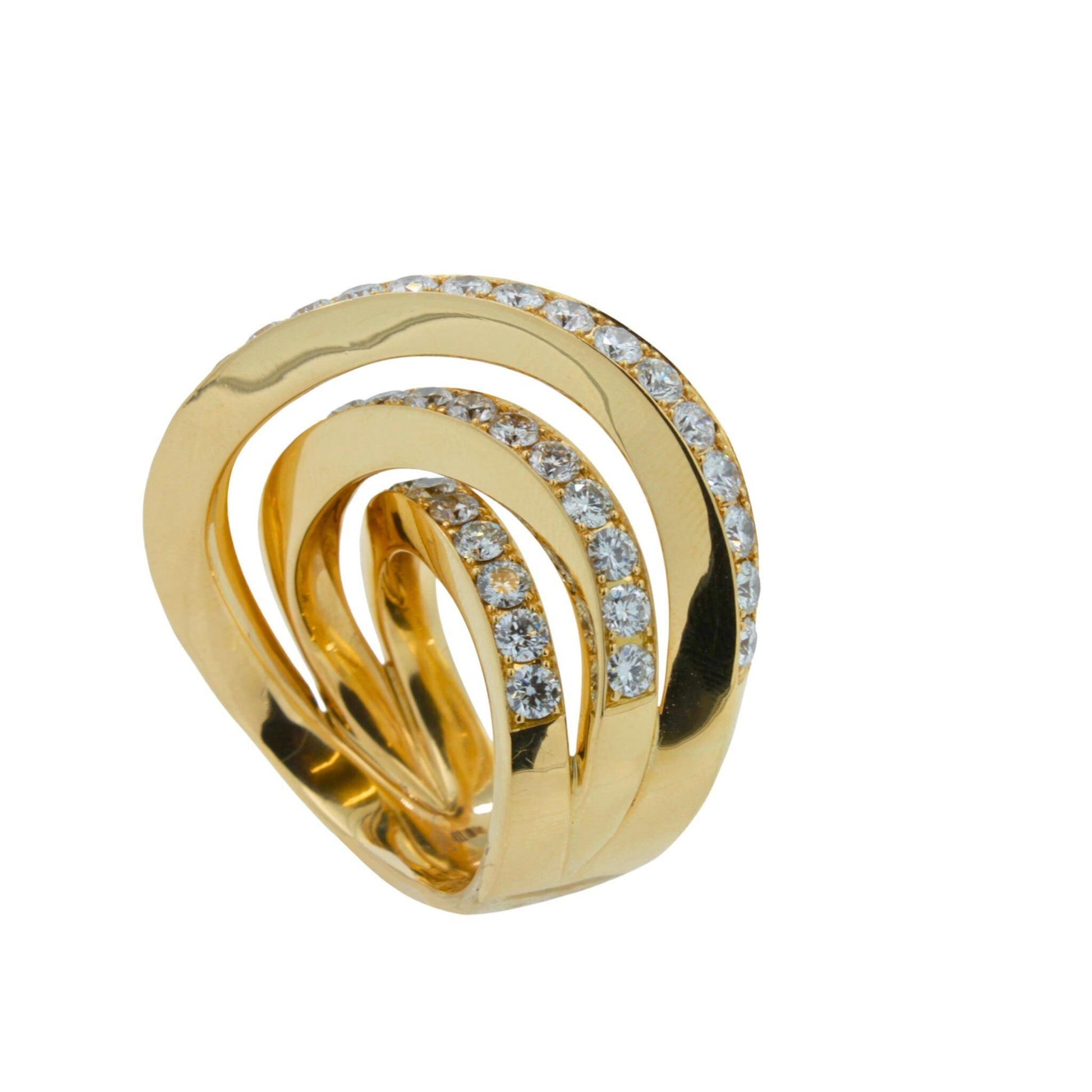 Diamond Channel Geometric Wave Curve Statement Unique 18 Karat Yellow Gold Ring