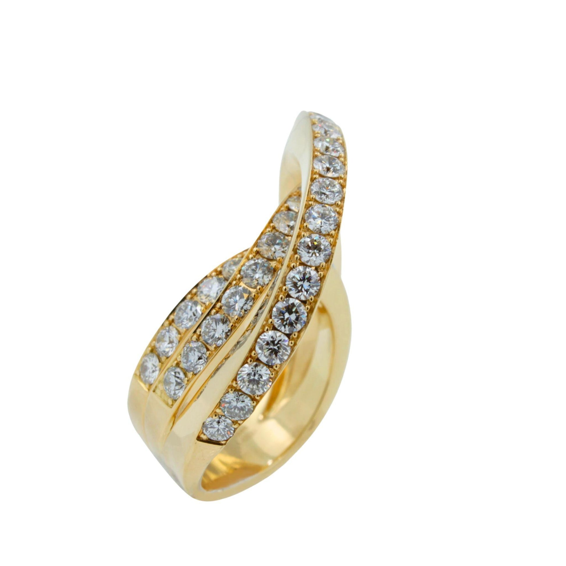 Diamond Channel Geometric Wave Curve Statement Unique 18 Karat Yellow Gold Ring