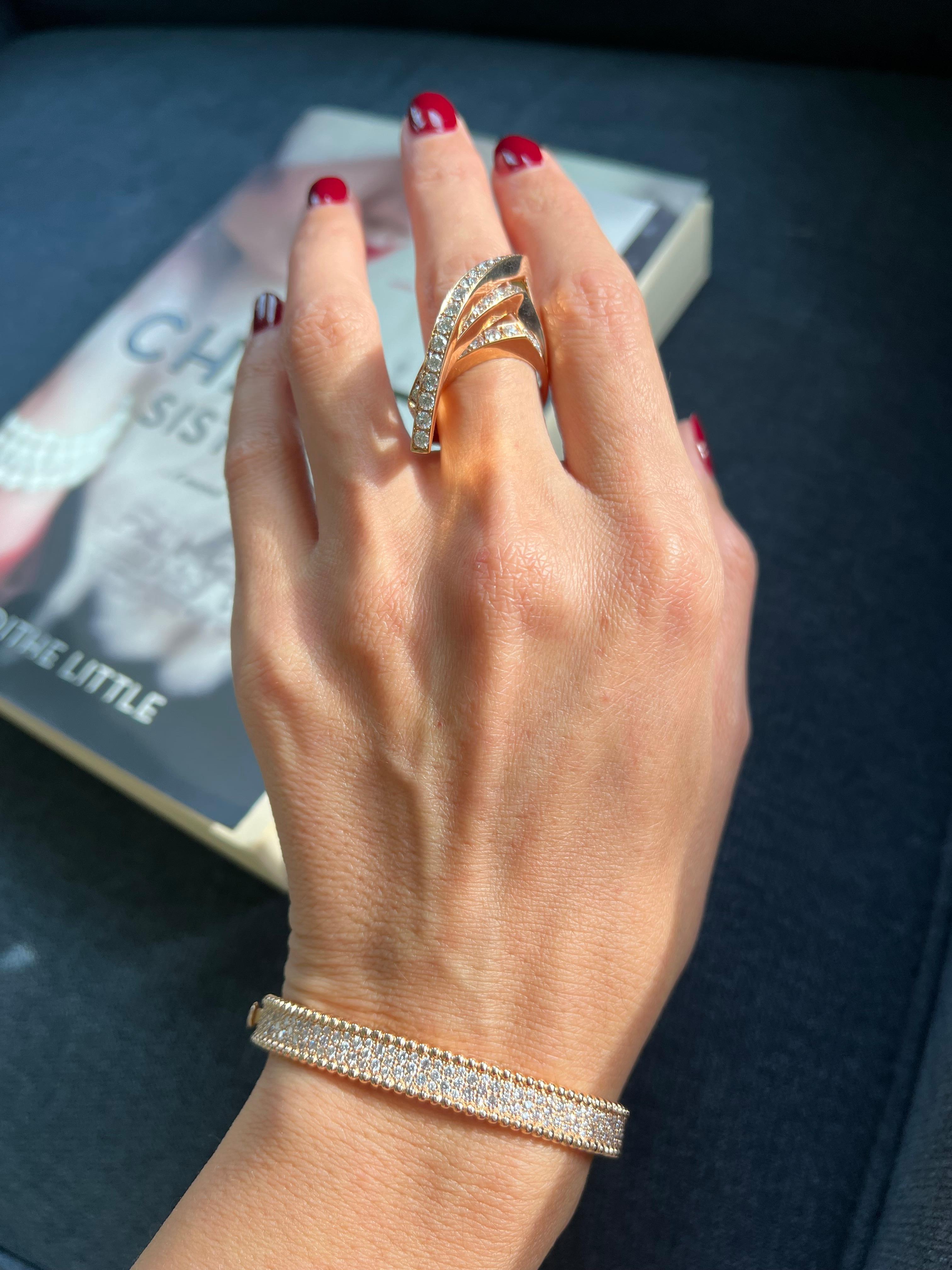 Diamond Channel Set Line Geometric Wave Unique Statement 18 Karat Rose Gold Ring