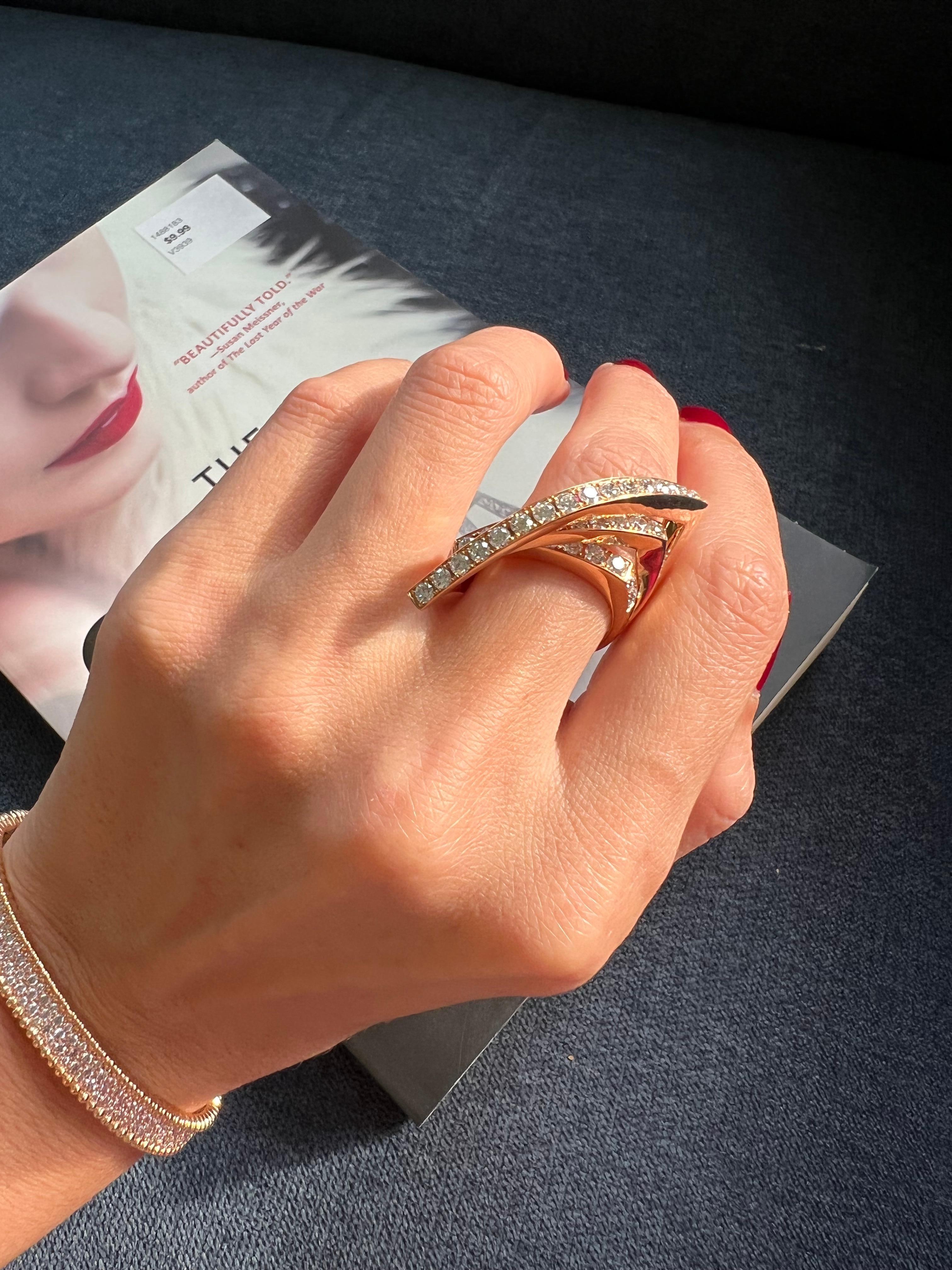 Diamond Channel Set Line Geometric Wave Unique Statement 18 Karat Rose Gold Ring