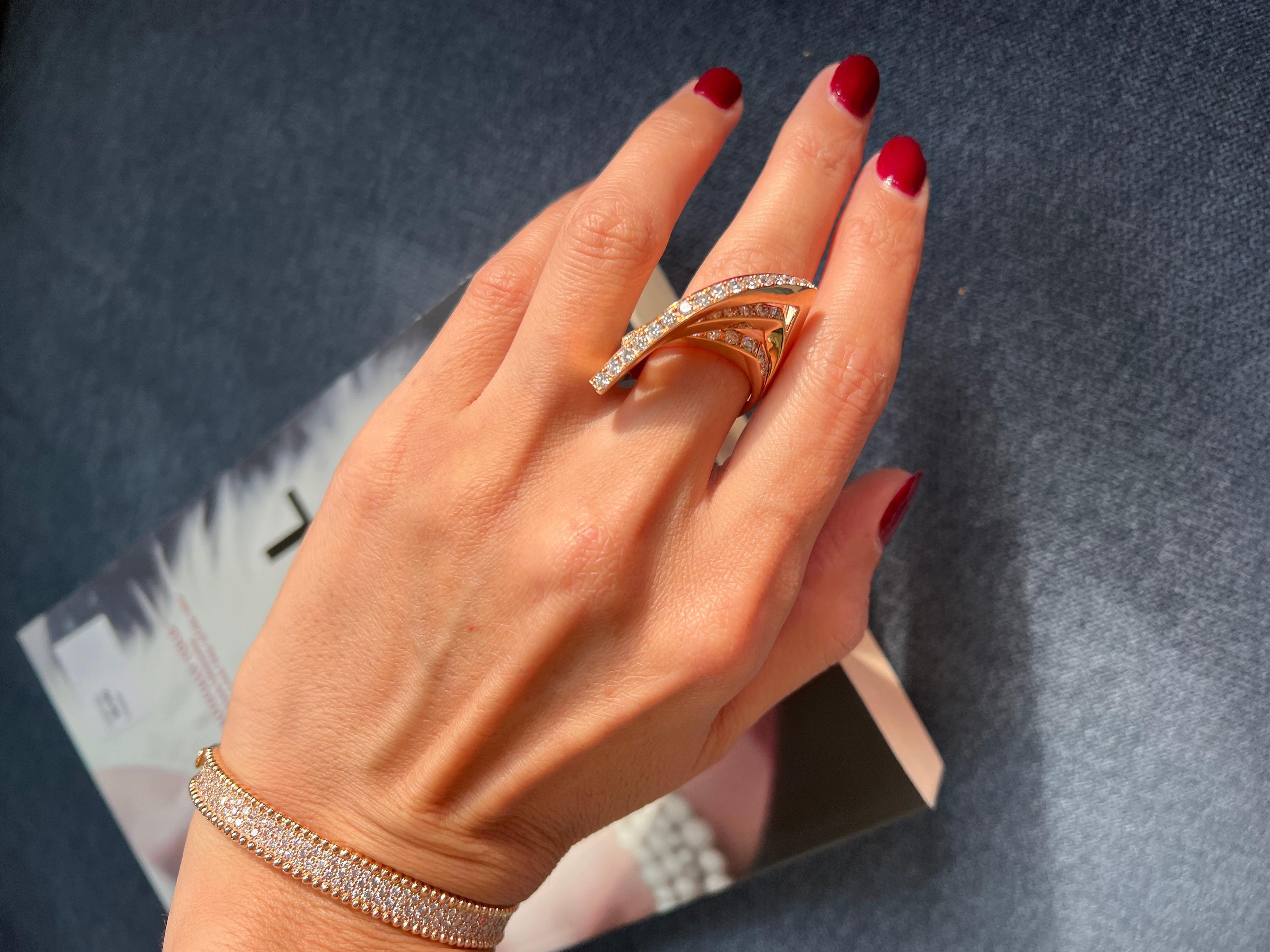 Diamond Channel Set Line Geometric Wave Unique Statement 18 Karat Rose Gold Ring