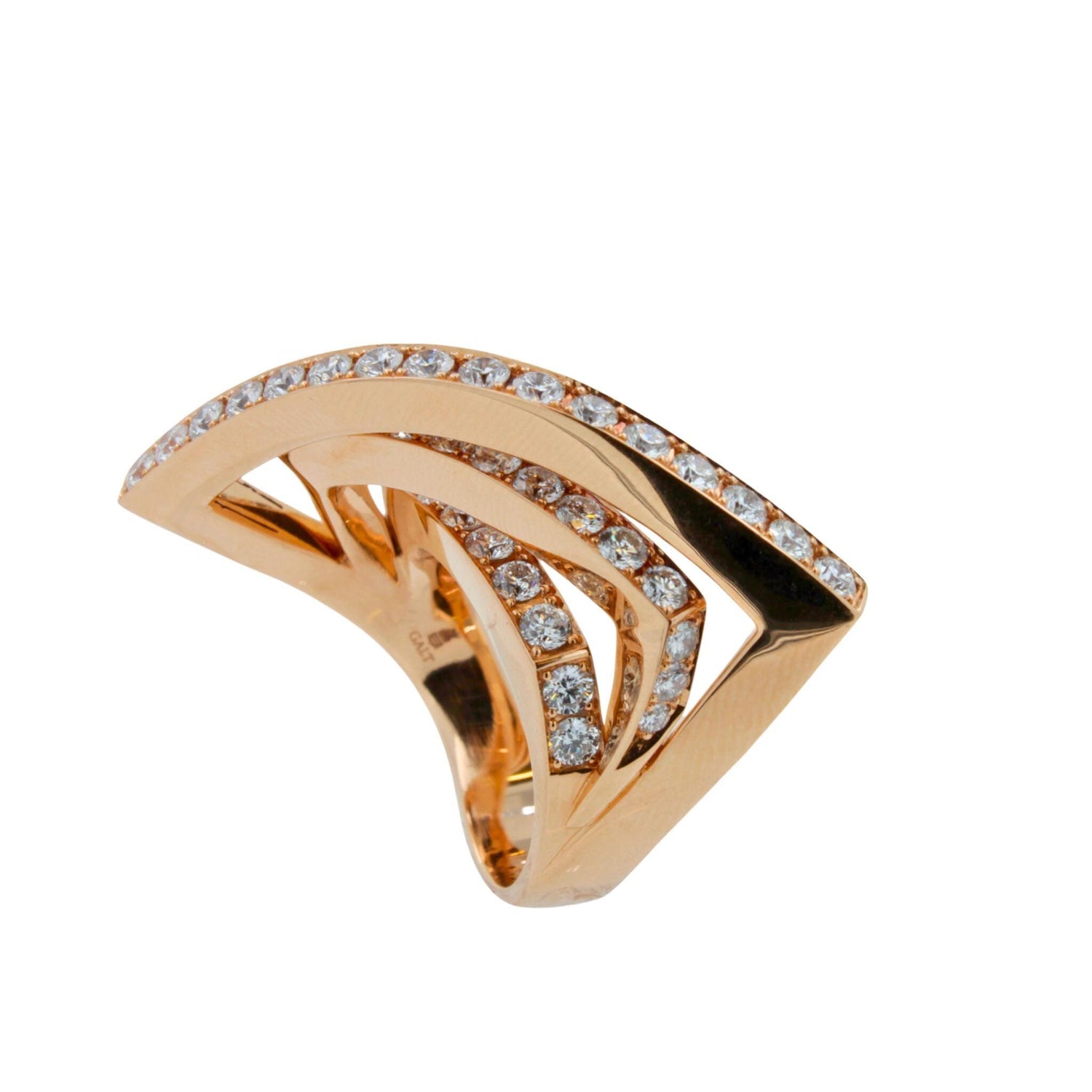 Diamond Channel Set Line Geometric Wave Unique Statement 18 Karat Rose Gold Ring