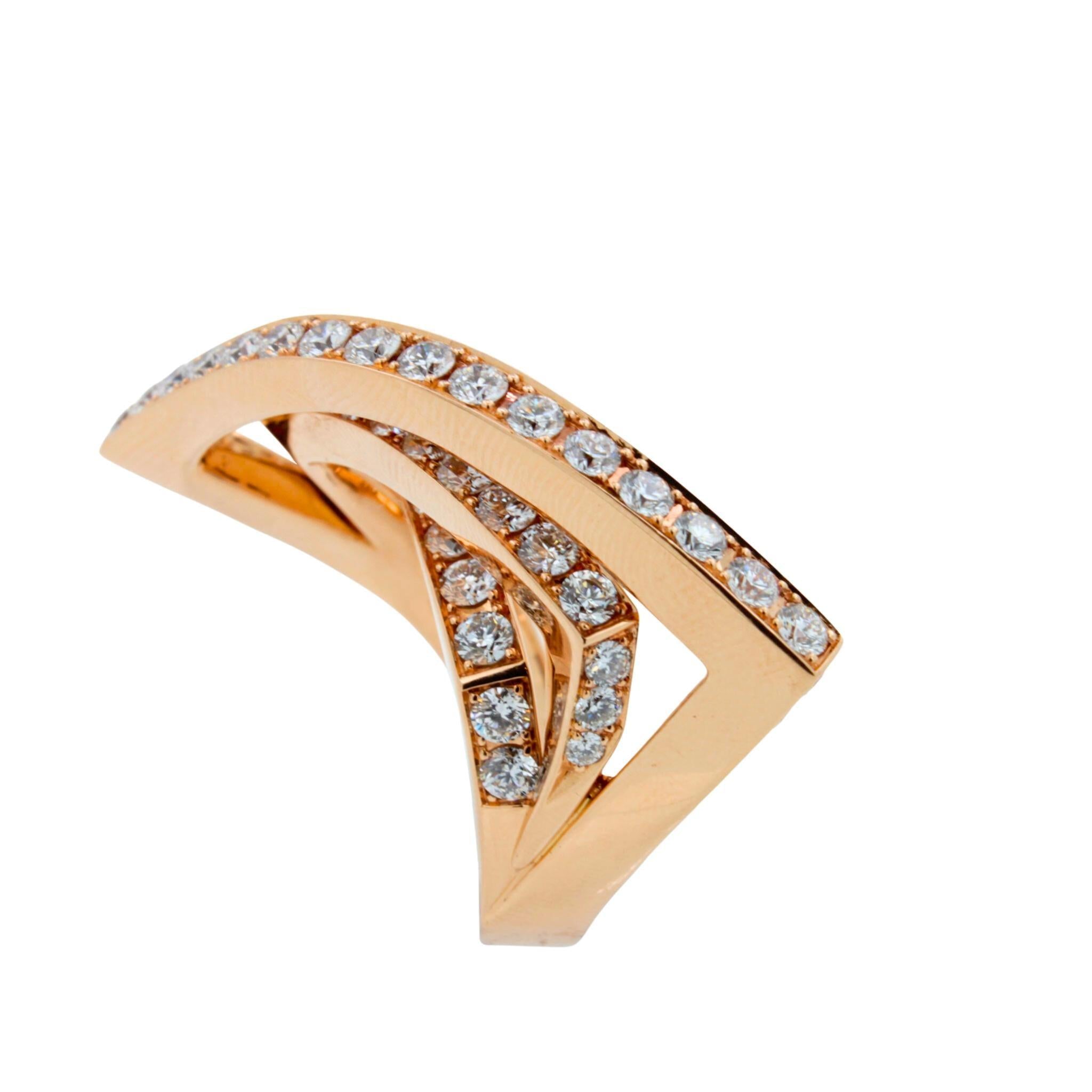 Diamond Channel Set Line Geometric Wave Unique Statement 18 Karat Rose Gold Ring
