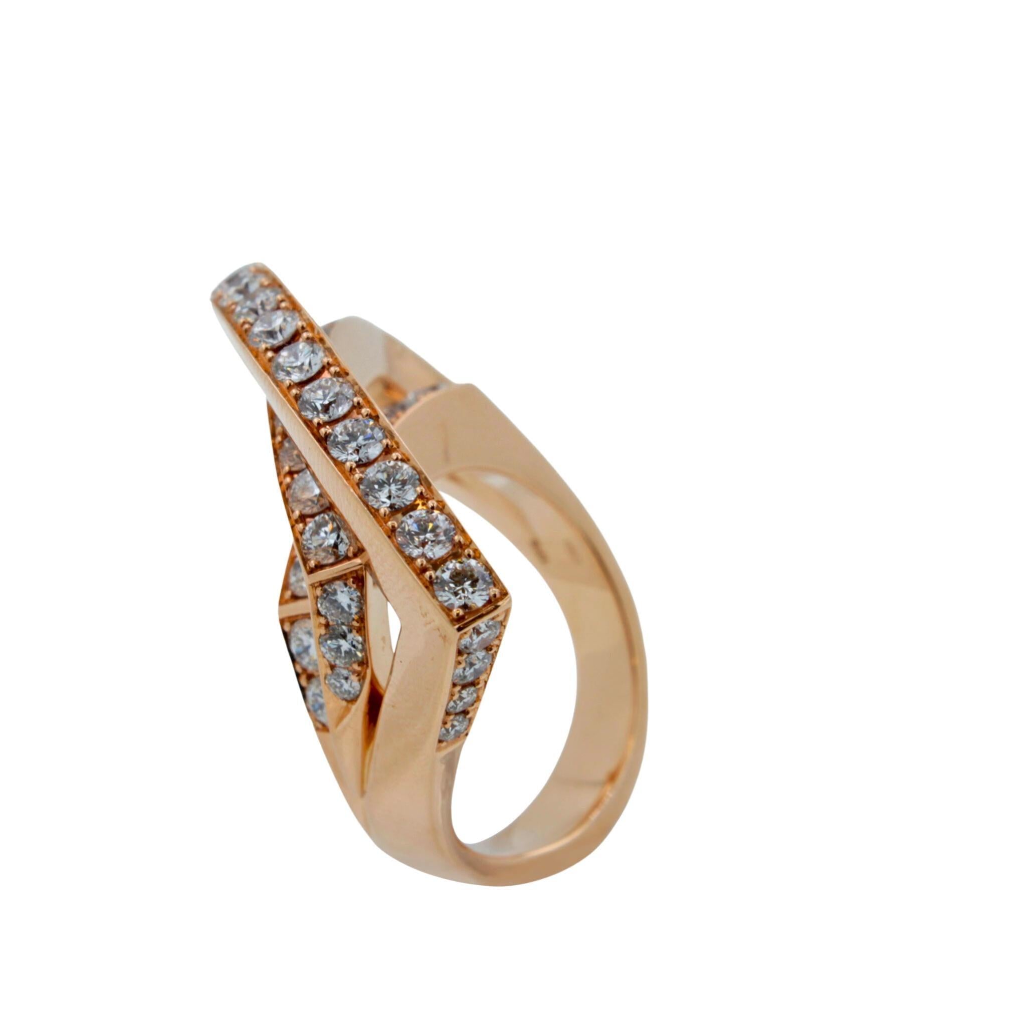 Diamond Channel Set Line Geometric Wave Unique Statement 18 Karat Rose Gold Ring