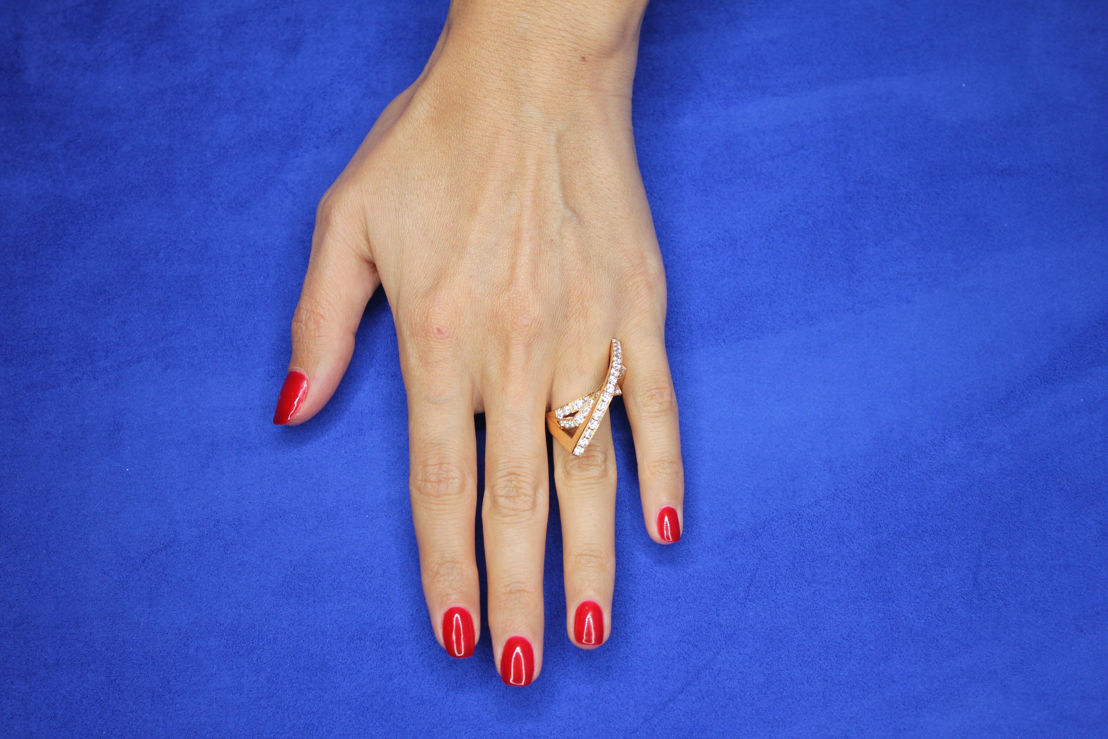 Diamond Channel Set Line Geometric Wave Unique Statement 18 Karat Rose Gold Ring