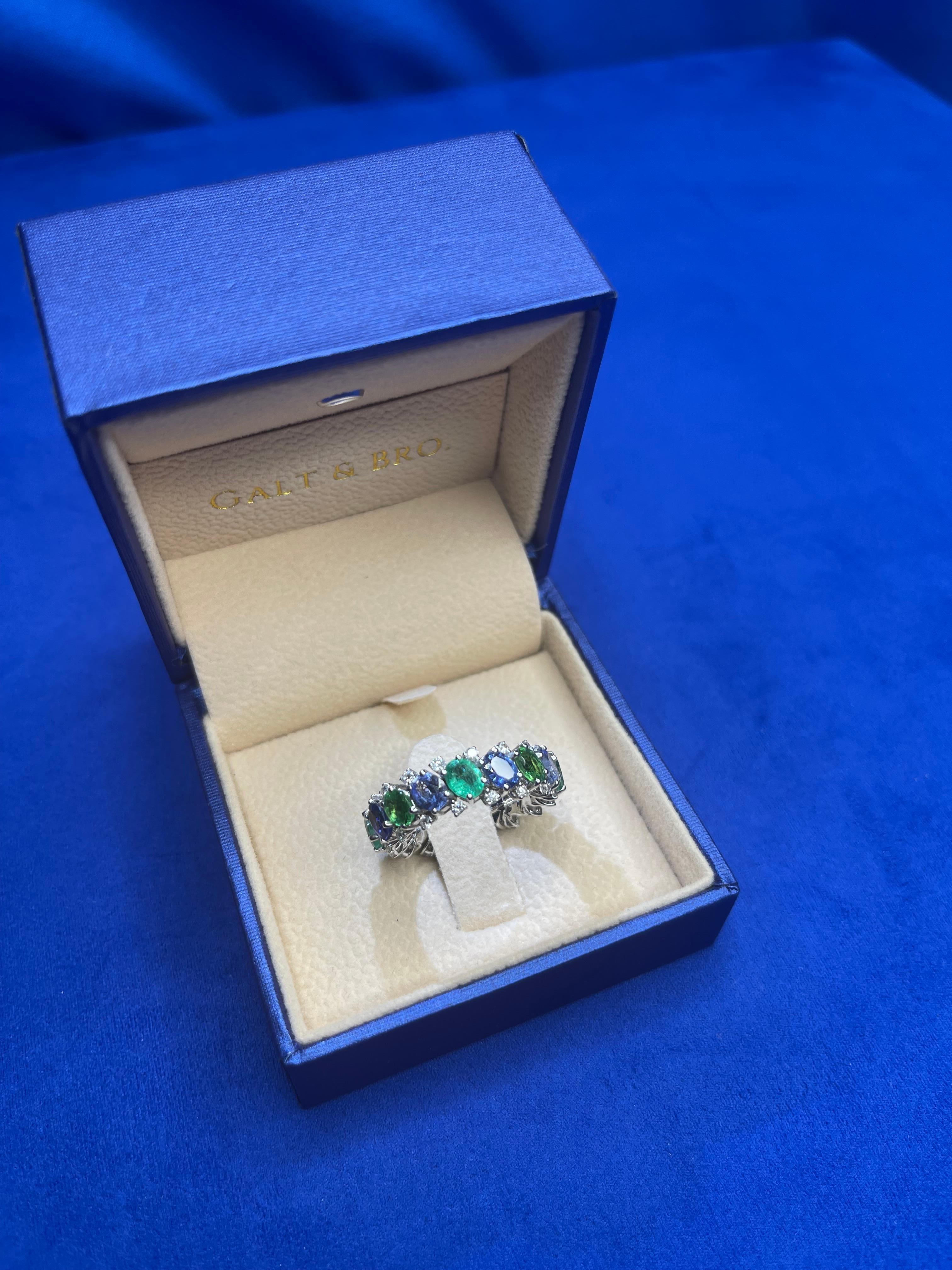 Diamond Emerald Sapphire Tsavorite Flexible Unique Eternity Band White Gold Ring