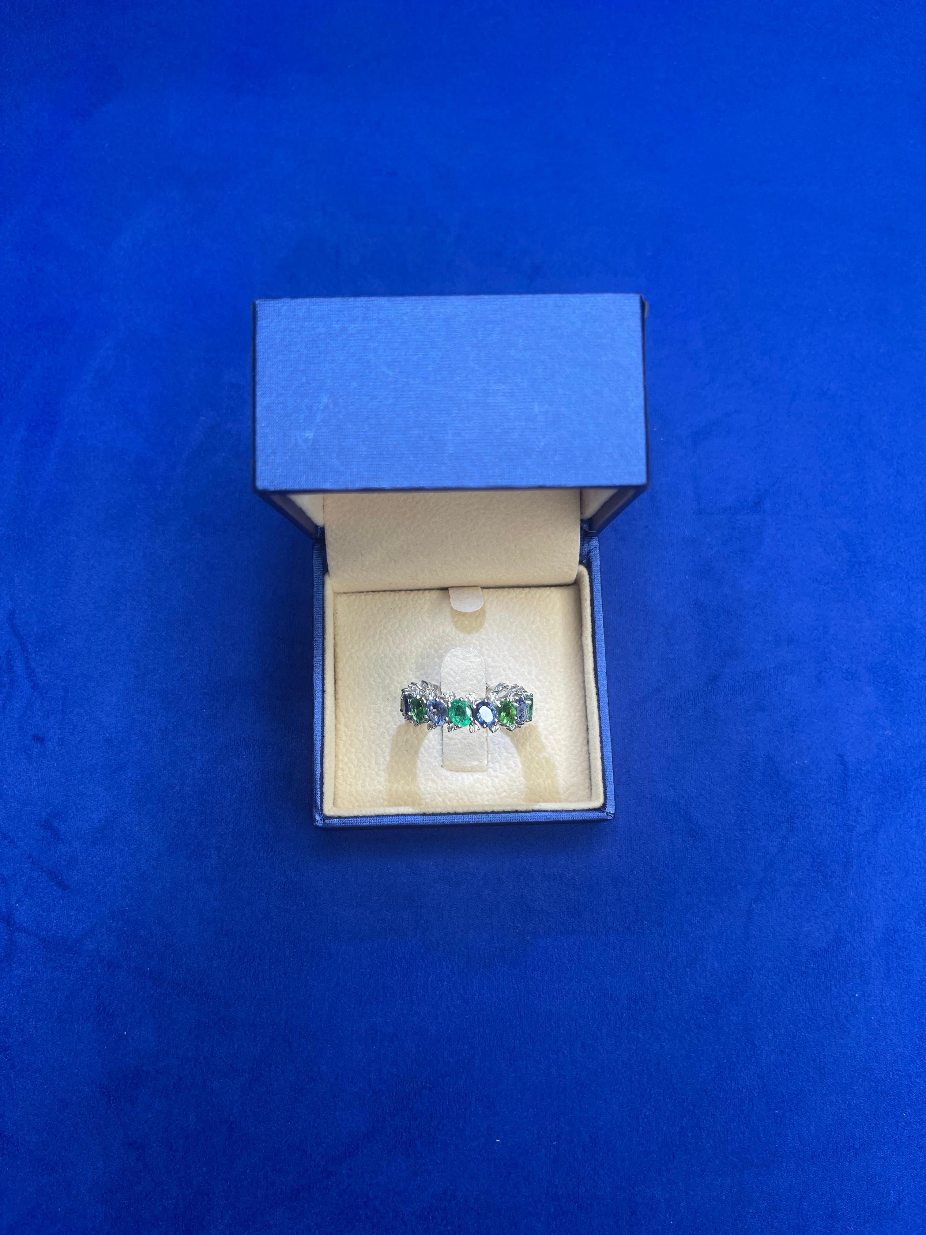 Diamond Emerald Sapphire Tsavorite Flexible Unique Eternity Band White Gold Ring