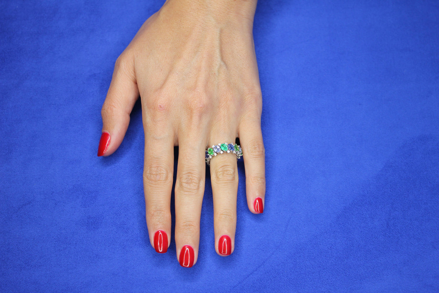Diamond Emerald Sapphire Tsavorite Flexible Unique Eternity Band White Gold Ring