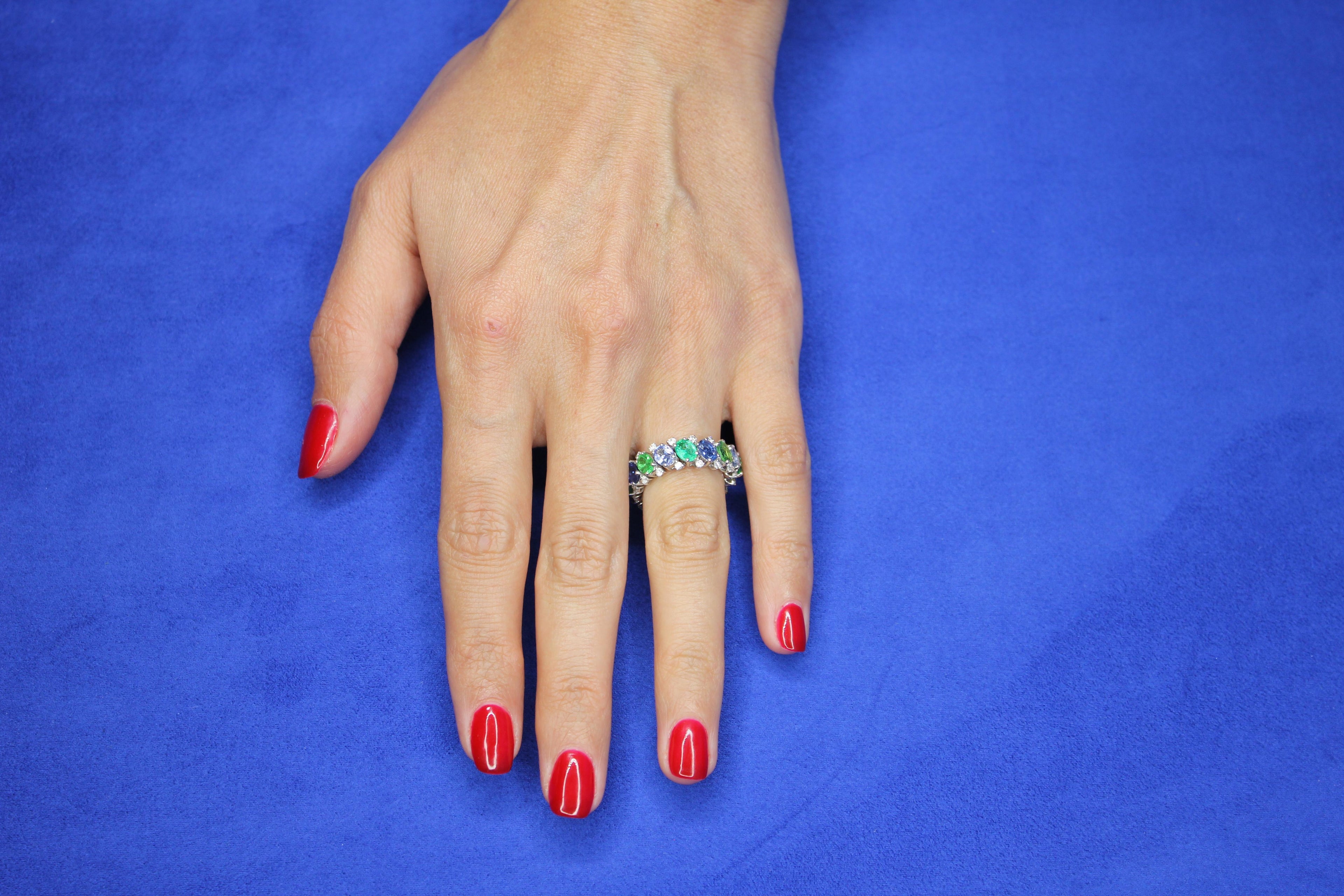 Diamond Emerald Sapphire Tsavorite Flexible Unique Eternity Band White Gold Ring